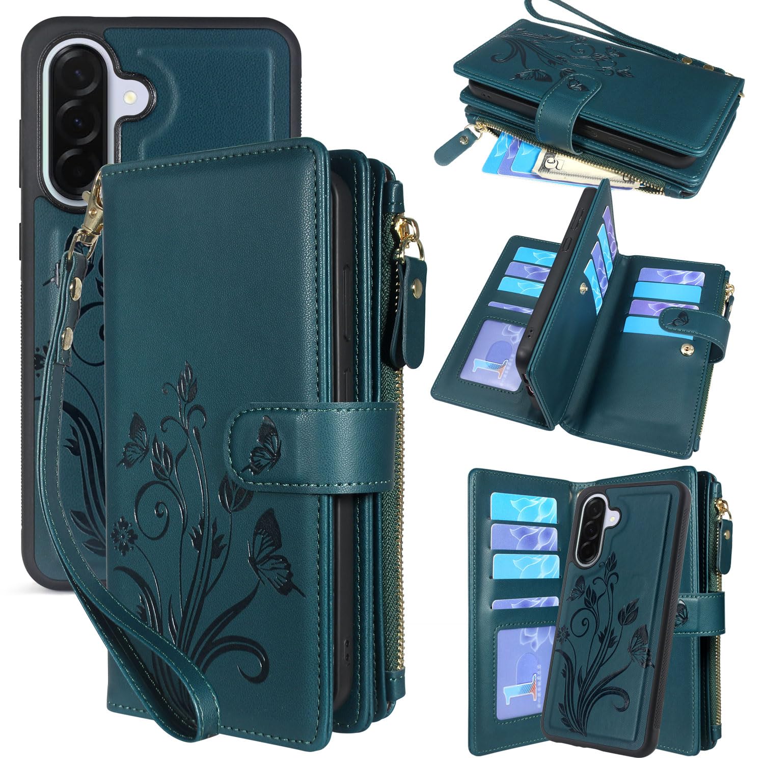 Lacass Case Wallet for Samsung Galaxy A36 A56 5G, [12 Card Slots] ID Credit Cash Holder Zipper Pocket Detachable Leather Wallet Cover with Wrist Strap