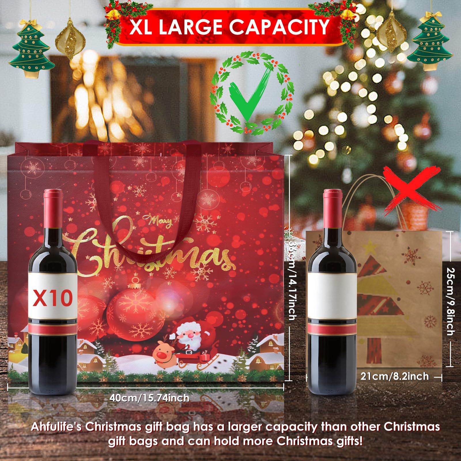AhfuLife Extra Large Christmas Bags for Gift, 4pcs Reusable Christmas Tote Bags with Handles, Multipack Non-woven Christmas Treat Shopping Bags, Xmas Gift Party Favor Bags Decoration, 40 x 36 x 15cm - Image 2