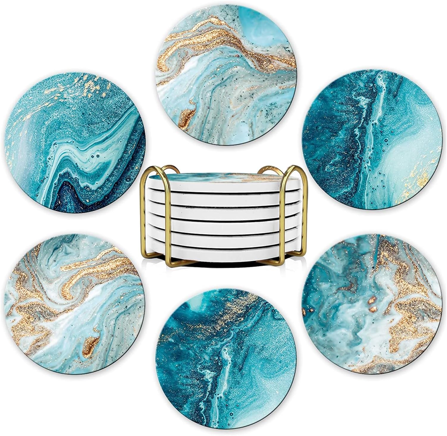 Drink Coasters with Holders, Absorbent Coaster Set, 6 Pcs Abstract Blue Beach Marble Ceramic Coasters, for Hot or Cold Drink Thickened, for Home Decor Tabletop Protection Suitable for Kinds of Cups