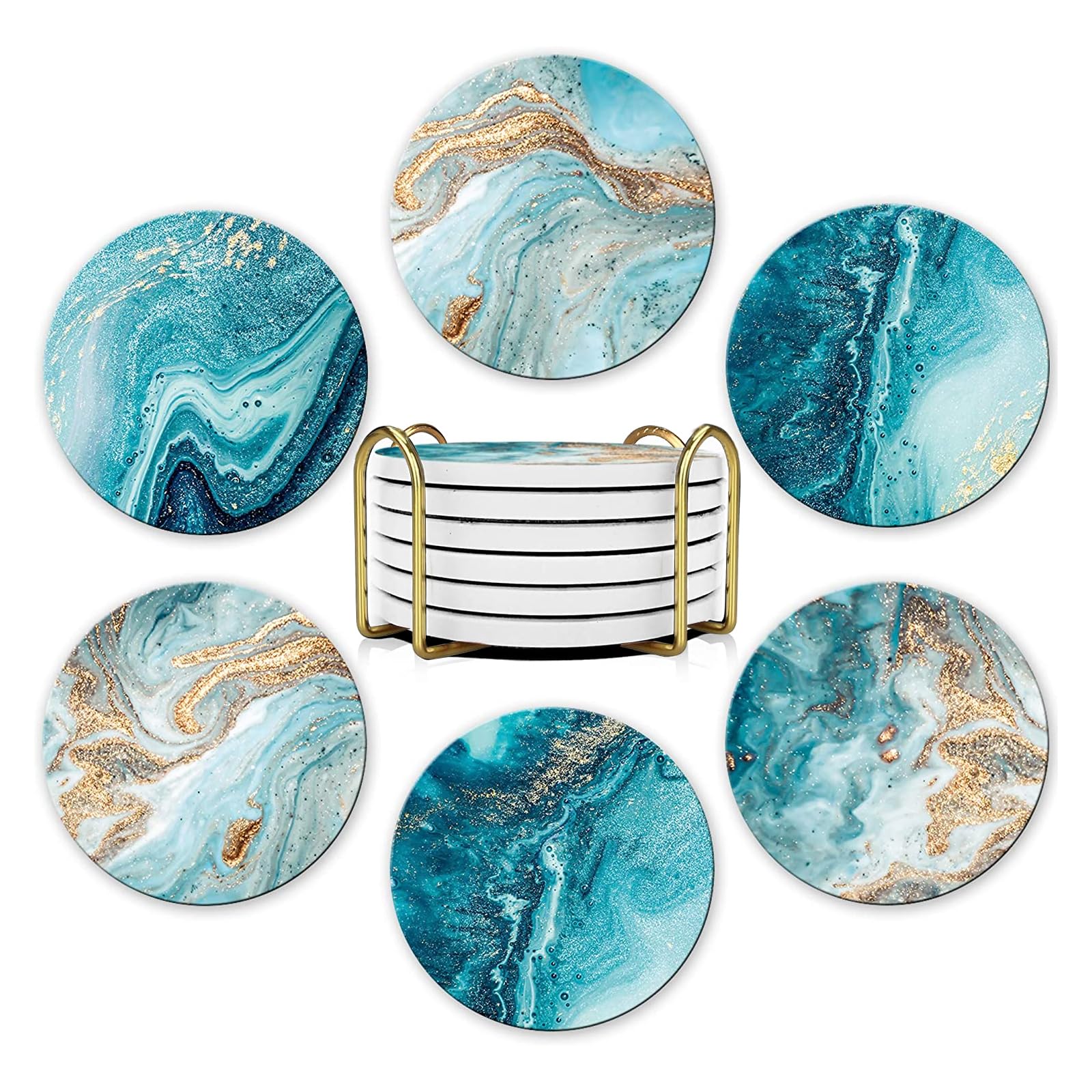 Drink Coasters with Holders, Absorbent Coaster Set, 6 Pcs Abstract Blue Beach Marble Ceramic Coasters, for Hot or Cold Drink Thickened, for Home Decor Tabletop Protection Suitable for Kinds of Cups