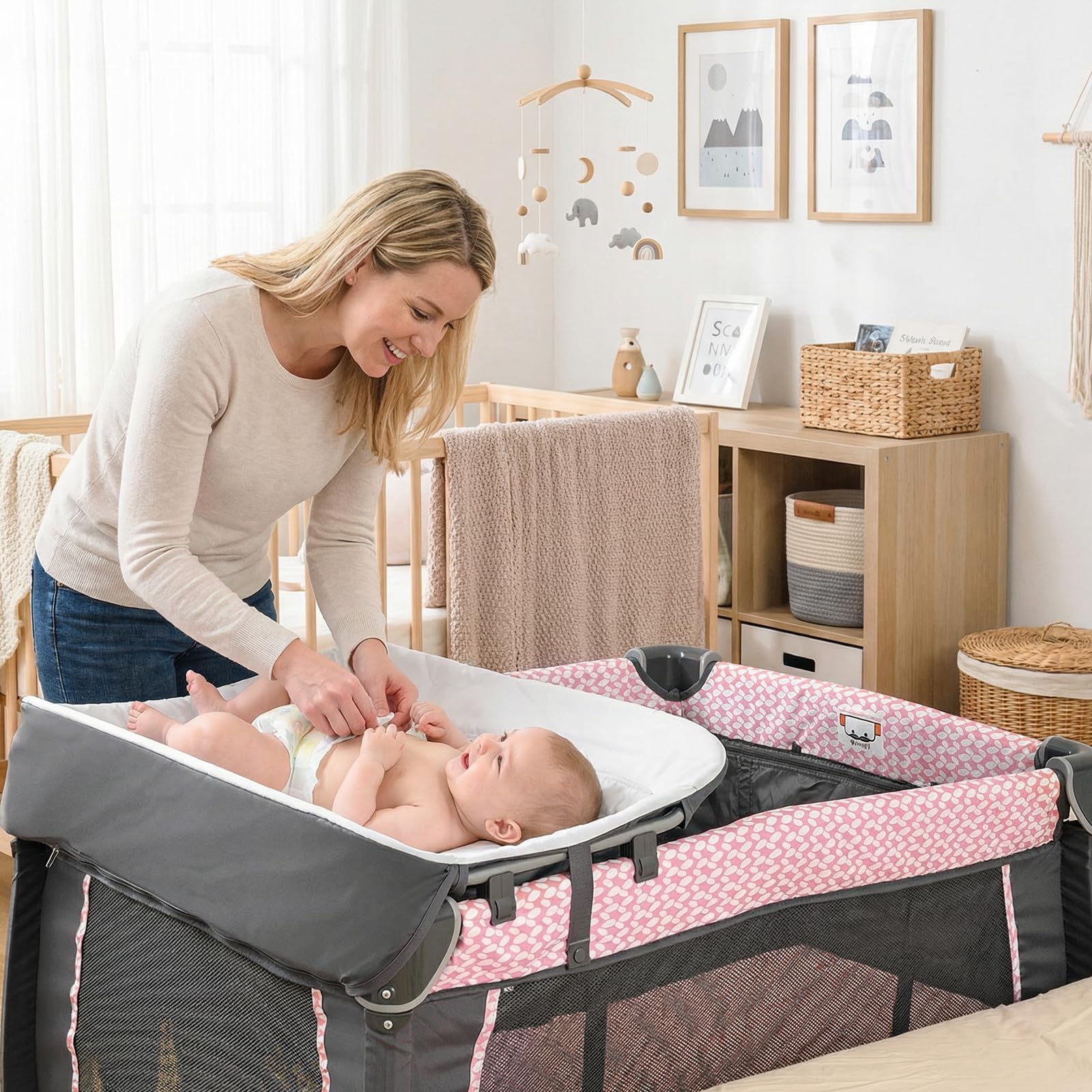 COSTWAY Cuna de Viaje Bebe con Colchón, 5 en 1 Centro de Actividades para Bebés con Cambiador, Cuna para Bebé, 2 Juguetes Colgantes y Caja de Música, Ruedas Móviles y Cesta de Almacenamiento (Rosa)