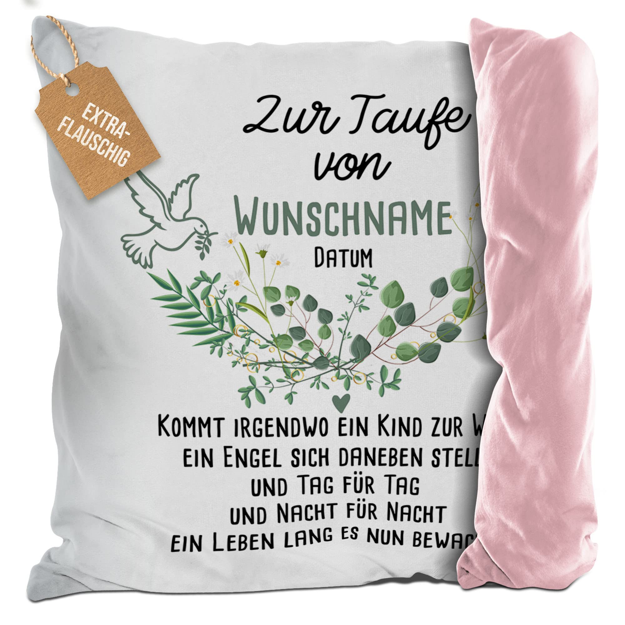 Print Royal PR Flauschiges Kissen zur Taufe mit Name & Datum - Kommt EIN Kind zur Welt - Geschenke zur Taufe, personalisierte Taufgeschenke Patenkind | inkl. Kissenfüllung, Rückseite Rosa, 40 x 40 cm
