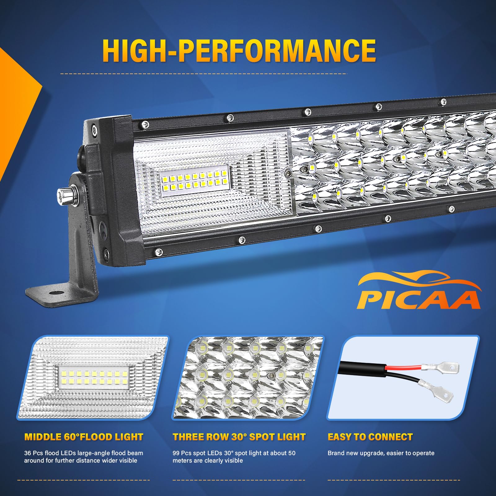 PICAA 52 Pollici 130cm 675W Barra LED Fuoristrada con 12V Cablaggio Kit, Tripla Rows Bianca 6000K Barra Luce di Lavoro Led, Fari Led Impermeabile per Auto Camion 4x4 Trattore SUV ATV