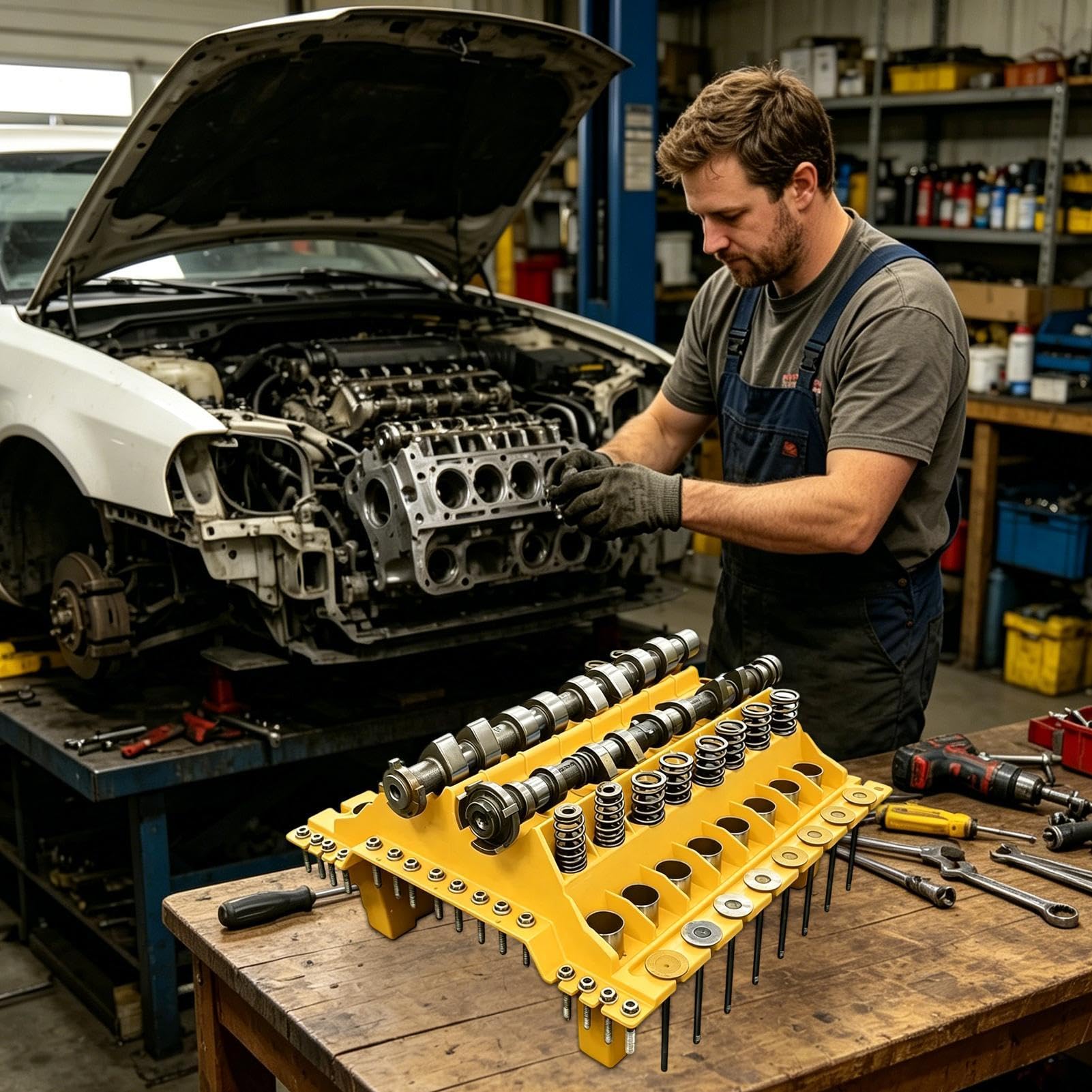 Vassoio per testa cilindrica, organizer per parti del motore, supporto antiscivolo, supporto meccanico per riparazione di valvole, albero a camme, riparazione auto, officina, garage, strumento di