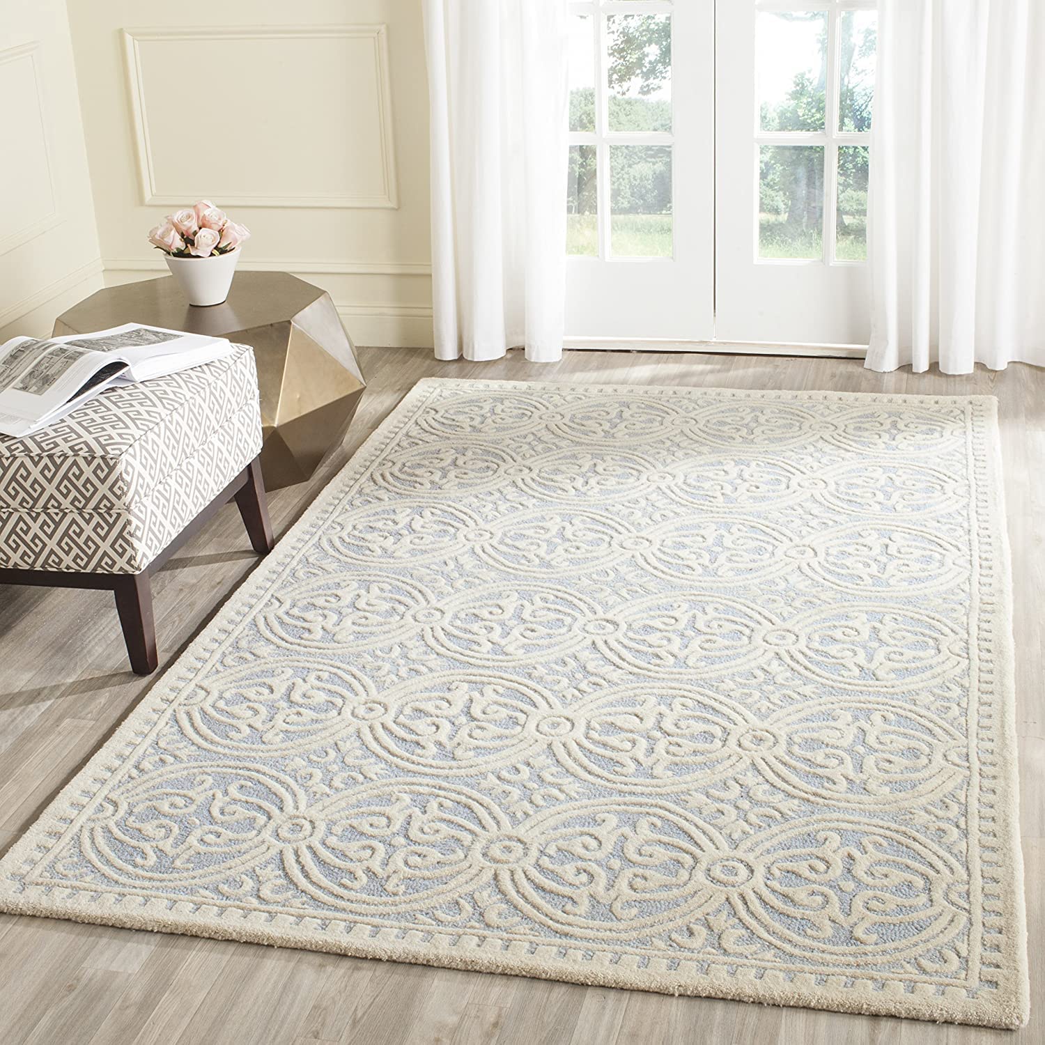 Rugs Valley Craft Carpet HandTufted Wool Carpet Runner for Bedroom Living Area Home with Anti Slip Backing 1 Inch Thickness (5x7 Feet Size Light Blue/Ivory)