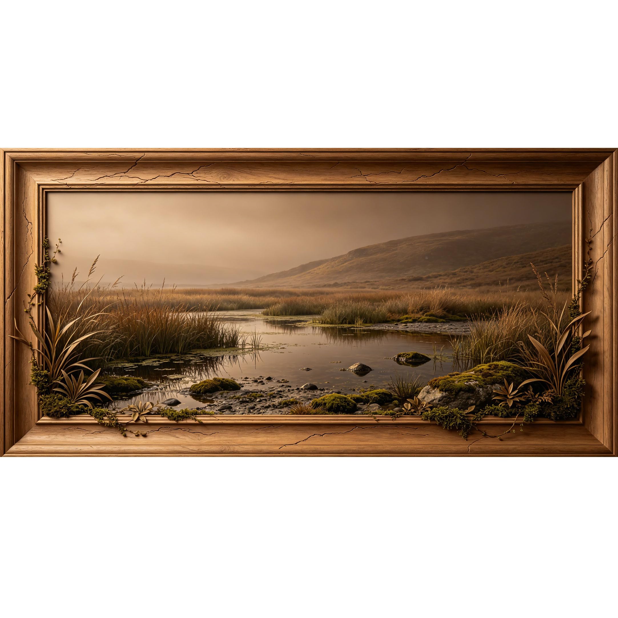 Agglomerix 3D Framed Wall Art Mountain Lake Landscape Contemporary Trompe l'oeil Textured Stone Moss Reed Large Size SelfAdhesive Removable Wall Decor Prints Artwork for Living Room Bedroom Office