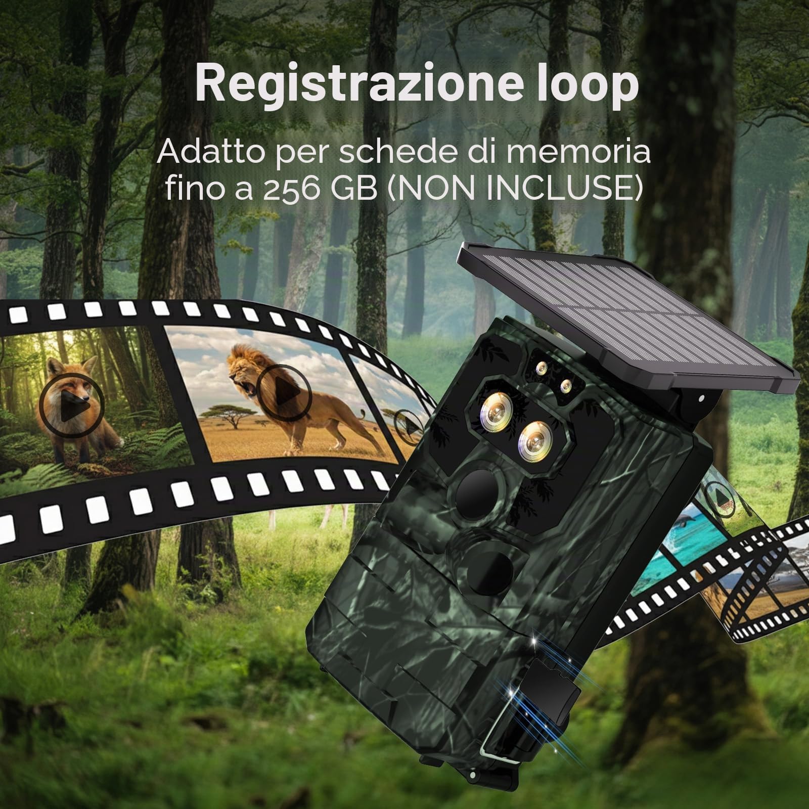 VOOPEAK Doppia lente solare per selvaggina Wi-Fi 4K 60MP, luce stellata, visione notturna, con trasmissione del cellulare, APP, telecamera per animali selvatici con visione notturna, sensore di