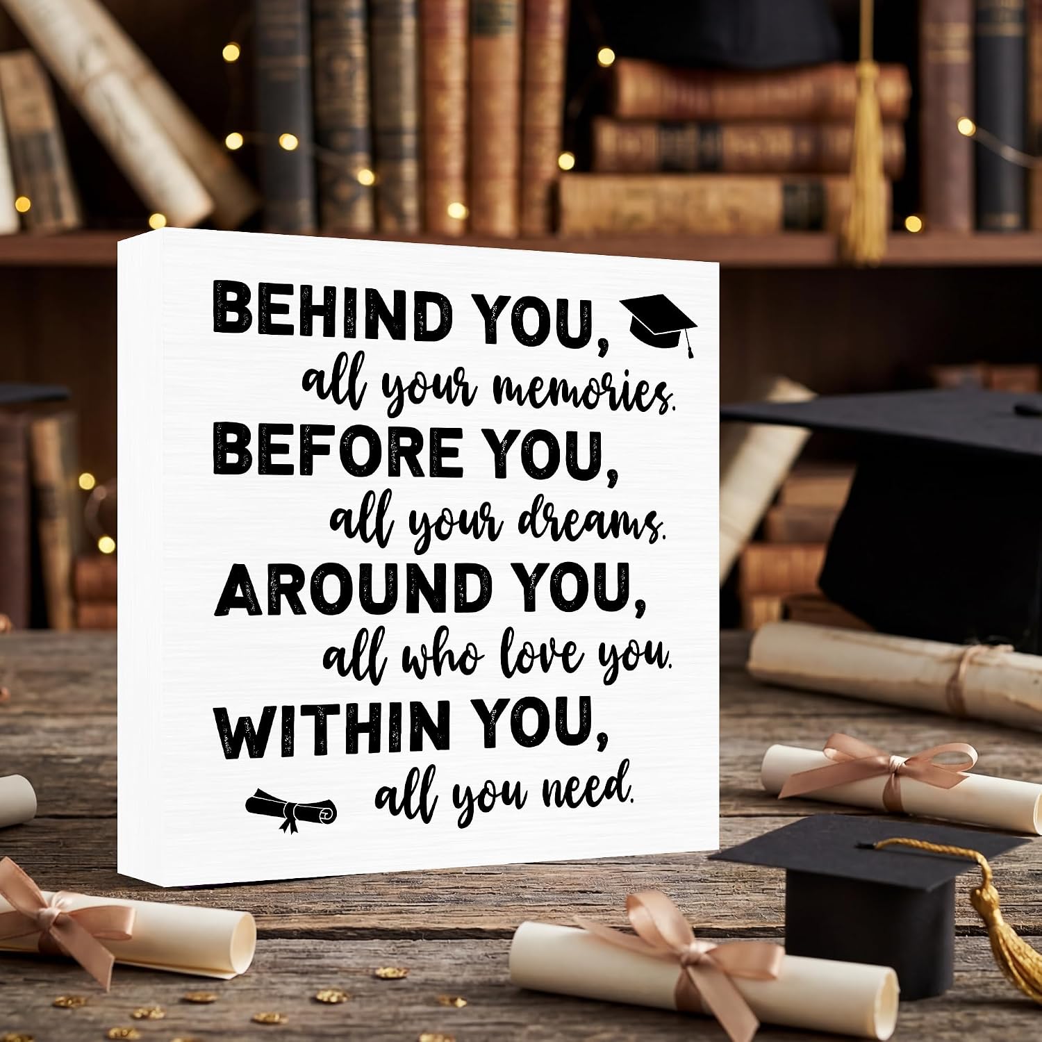 2026 Graduation Wood Box Sign for Graduate Gifts, Positive Quote Behind You All Your Memories Wooden Box Block Sign for Grad Party Favors Supplies Tabletop Home, Black White Graduation Cap image 3