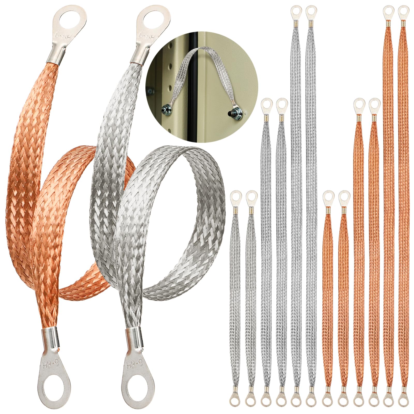 TOPZEA 12 Pcs Universal Automotive Ground Strap, 10/15/20 Inch Braided Copper & Tinned Copper Engine Ground Strap Kit, Automotive Grounding Cable Straps with Terminal Rings for Most Car, Truck, RV-image-49