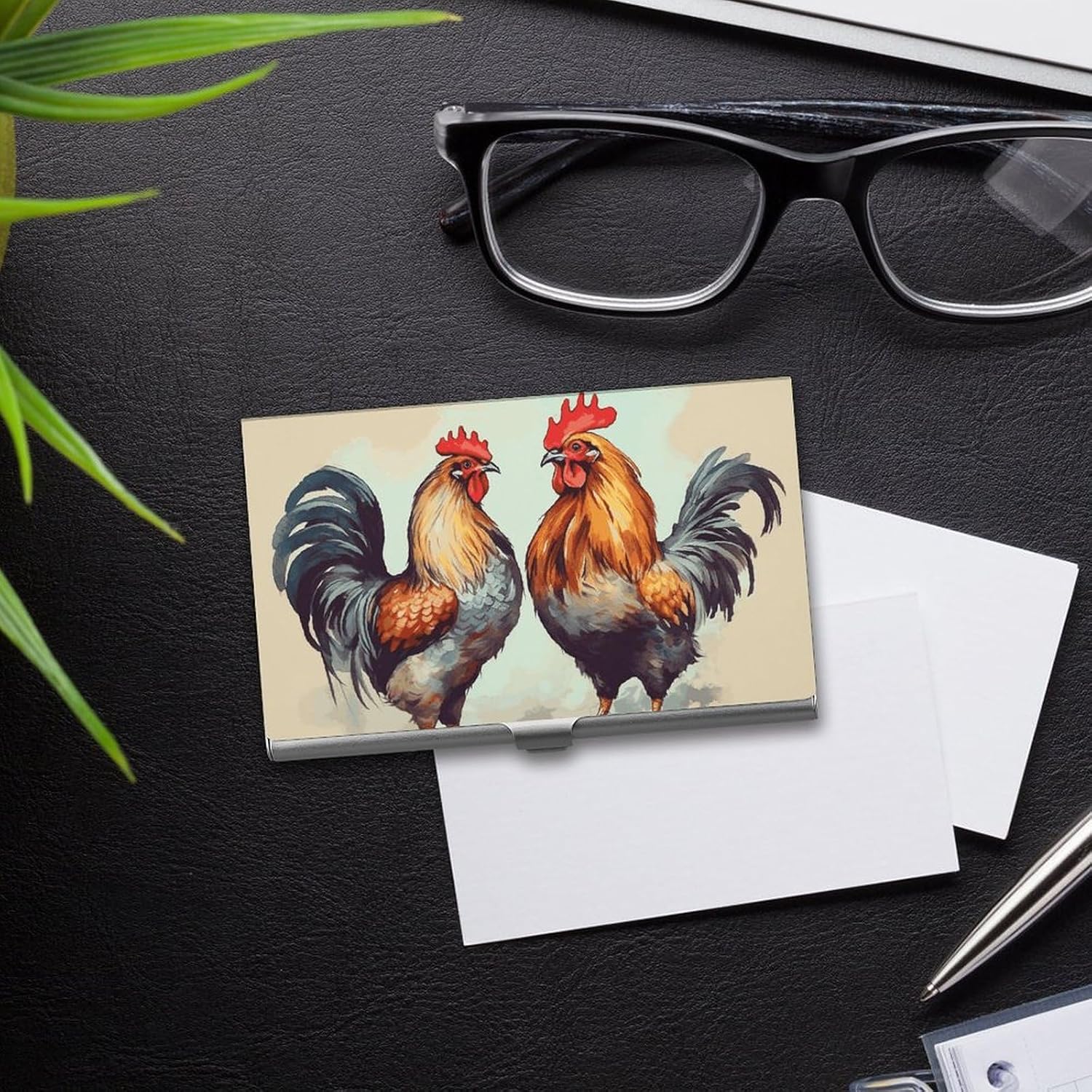 Rooster And Hen Business Card Case for Women Or Men Snaps Closed Portable Name Holder Credit Card Holder for Business Meeting Use