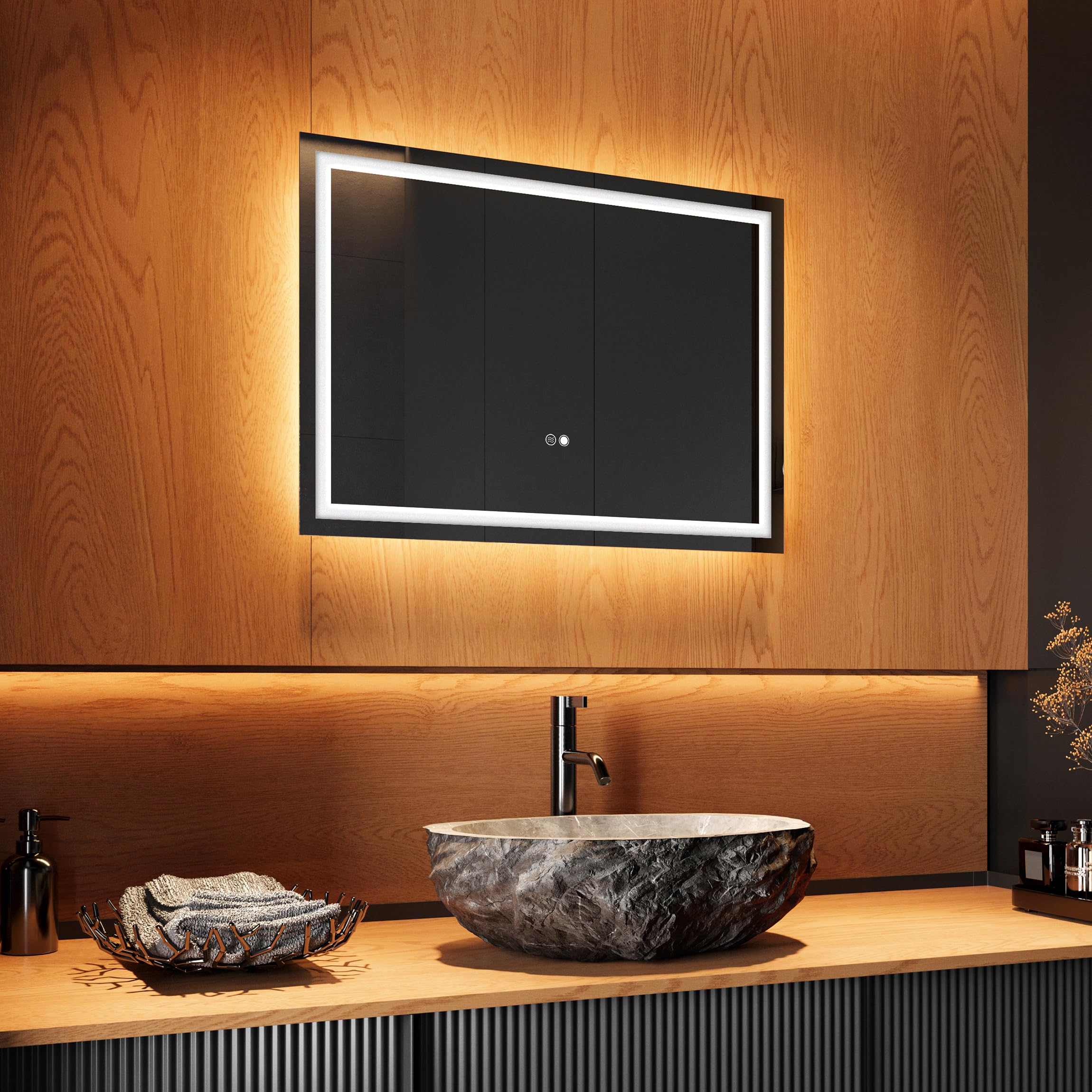 Espejo Rectangular de Baño con Luces LED, Espejo de Pared 70x50cm, Interruptor Táctil, Colores Ajustables Decoración (2700K - 6000K), Espejo LED Inteligente con Antivaho, Espejo LED de Bajo Consumo