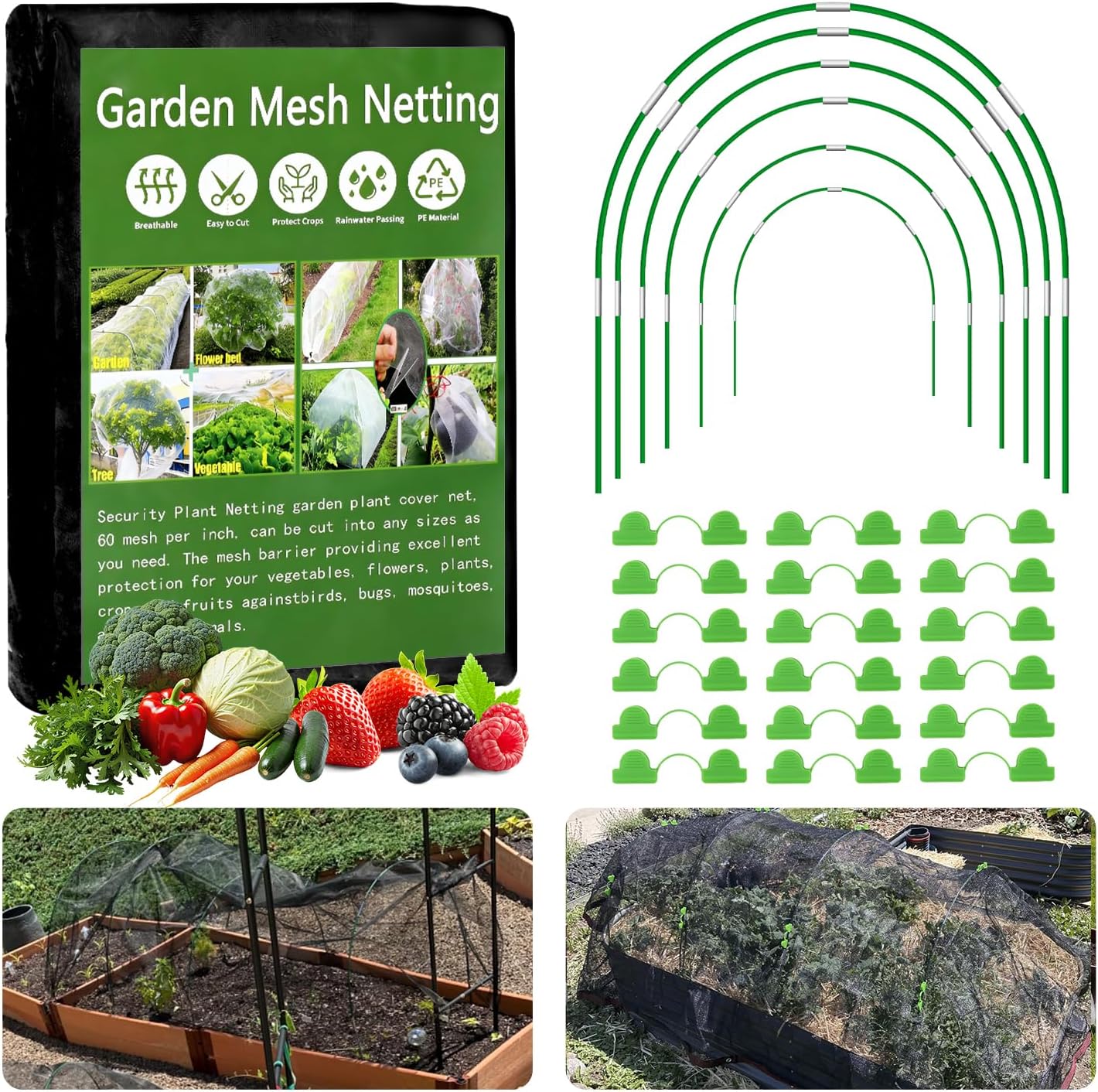Garden Mesh Netting Kit, 10x30FT White Ultra Fine Netting & 8FT Fiberglass Garden Hoops with Support Bases, Garden Netting with Frame for Raised Beds, Garden Hoops & Netting, Row Cover, Plant Barrier