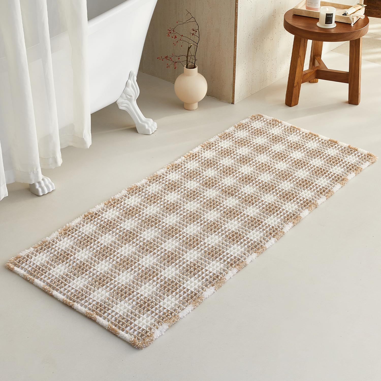 TYUU Waffle Runner Rug Bathroom, Long Boho Bathroom Rugs Non Slip Washable Absorbent Checkered Bathroom Mat Quick Dry Farmhouse Bath Mat, 60"x24"