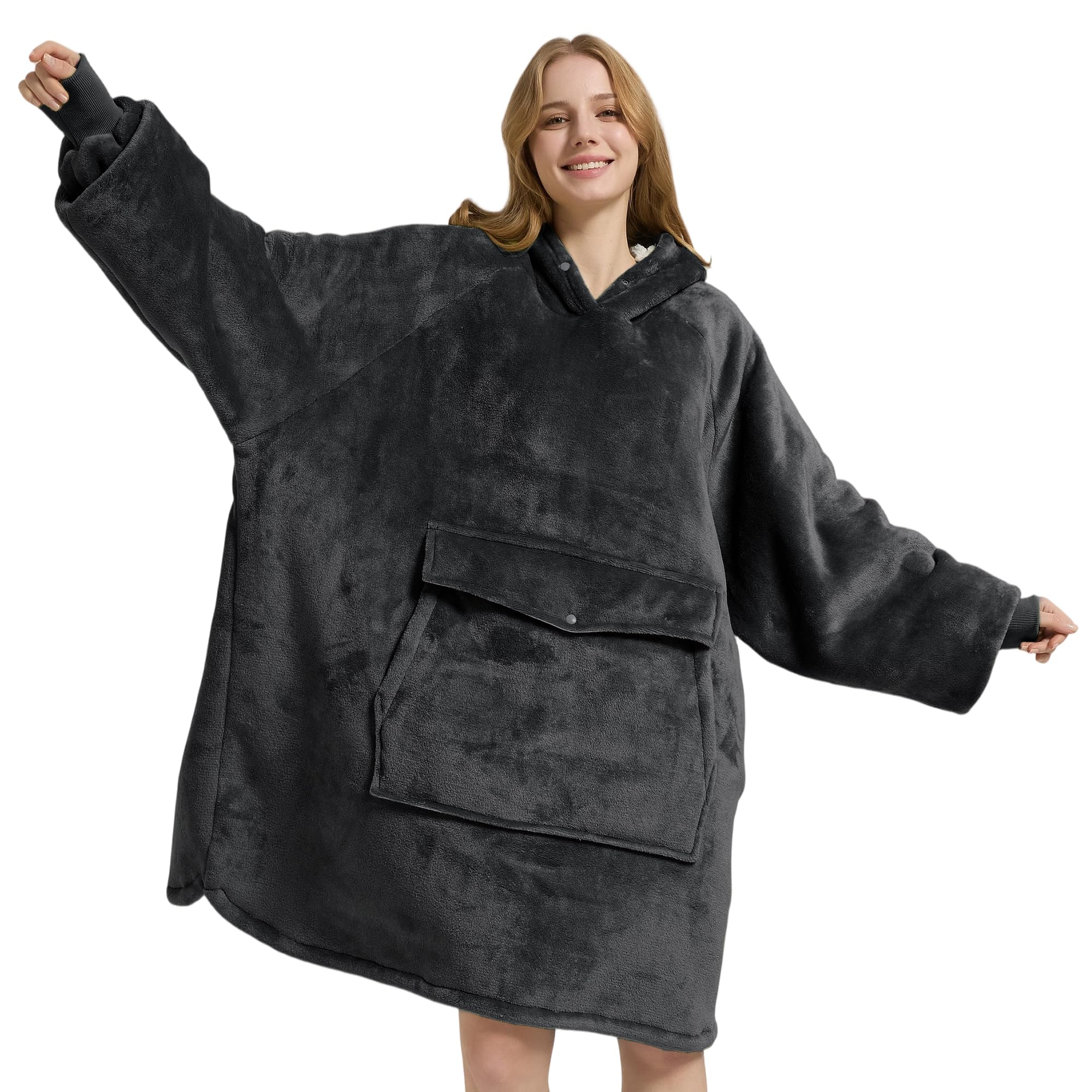 Sponsored Ad - Krifey Wearable Blanket Hoodie, Oversized Sherpa Fleece Sweatshirt with Giant Pocket, Birthday Gifts for Women, Mom, Sister, Dark Gray, One Size