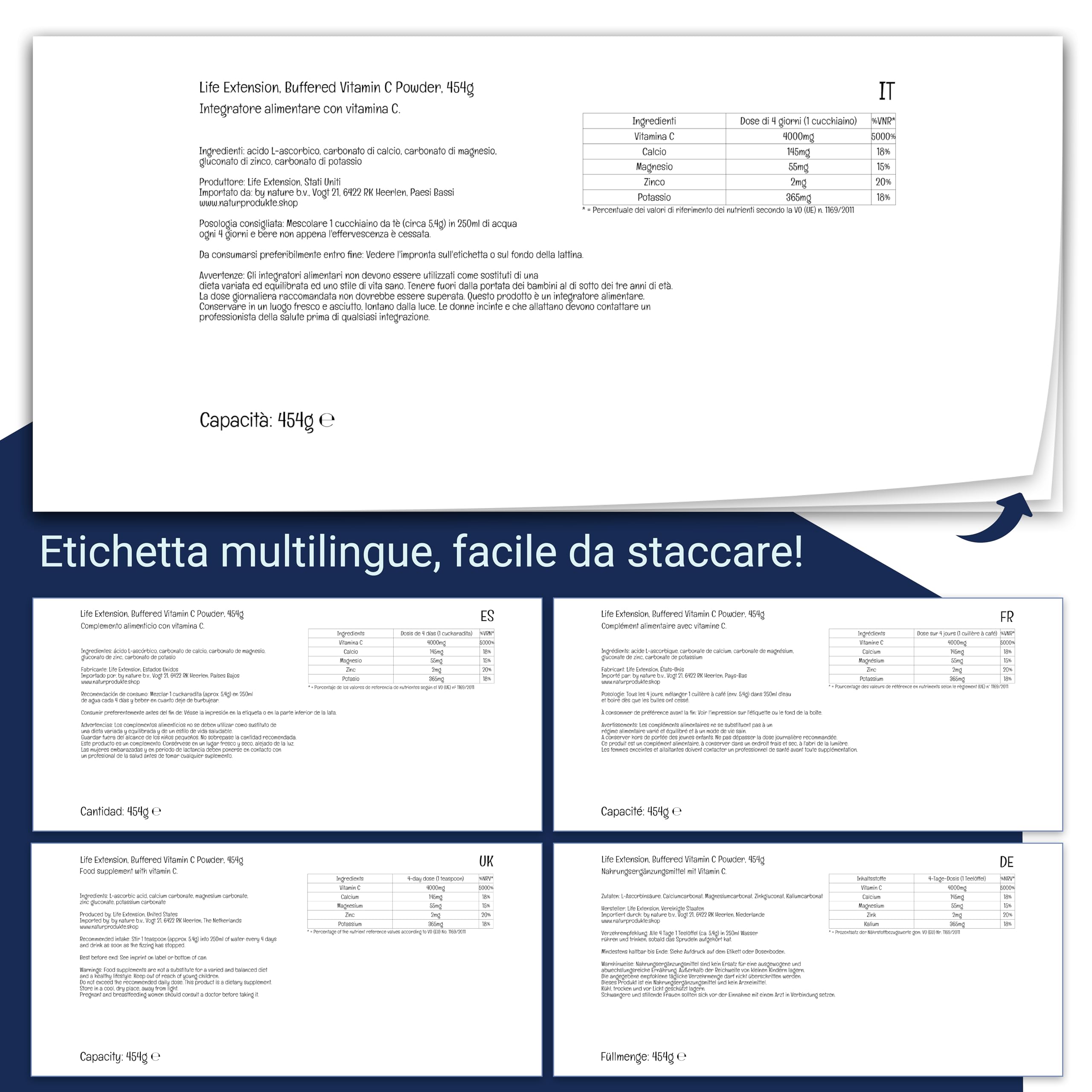 Life Extension, Buffered Vitamin C (Vitamina C Tamponata), Alta Dose, 454g di Polvere vegana, Testata in Laboratorio, Vegetariana, Senza Glutine, Senza Soia, Non OGM