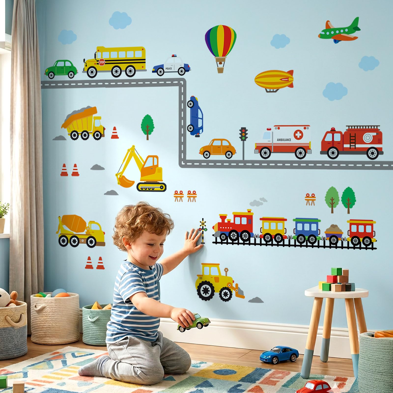 DECOWALL DS8-8047 Vehículos de Construcción Carretera Pegatinas de Pared Camión Excavadora Coches Transporte Calcomanías para Niños Dormitorio Guardería Sala de Juegos Sala de Estar Decoración