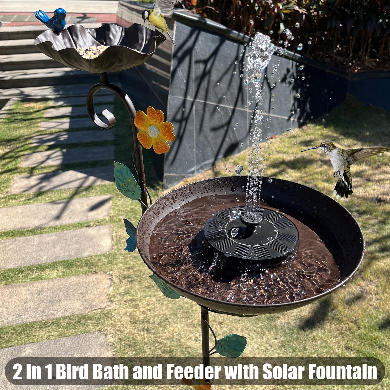 Freistehende Solar-Vogeltränke, 147,3 cm hoch, dekorative Vogeltränke und Futterstation, Vogeltränke für den Außenbereich mit Solarbrunnen, 5 Spikes, floraler Akzent, Vogeltränke für Garten,