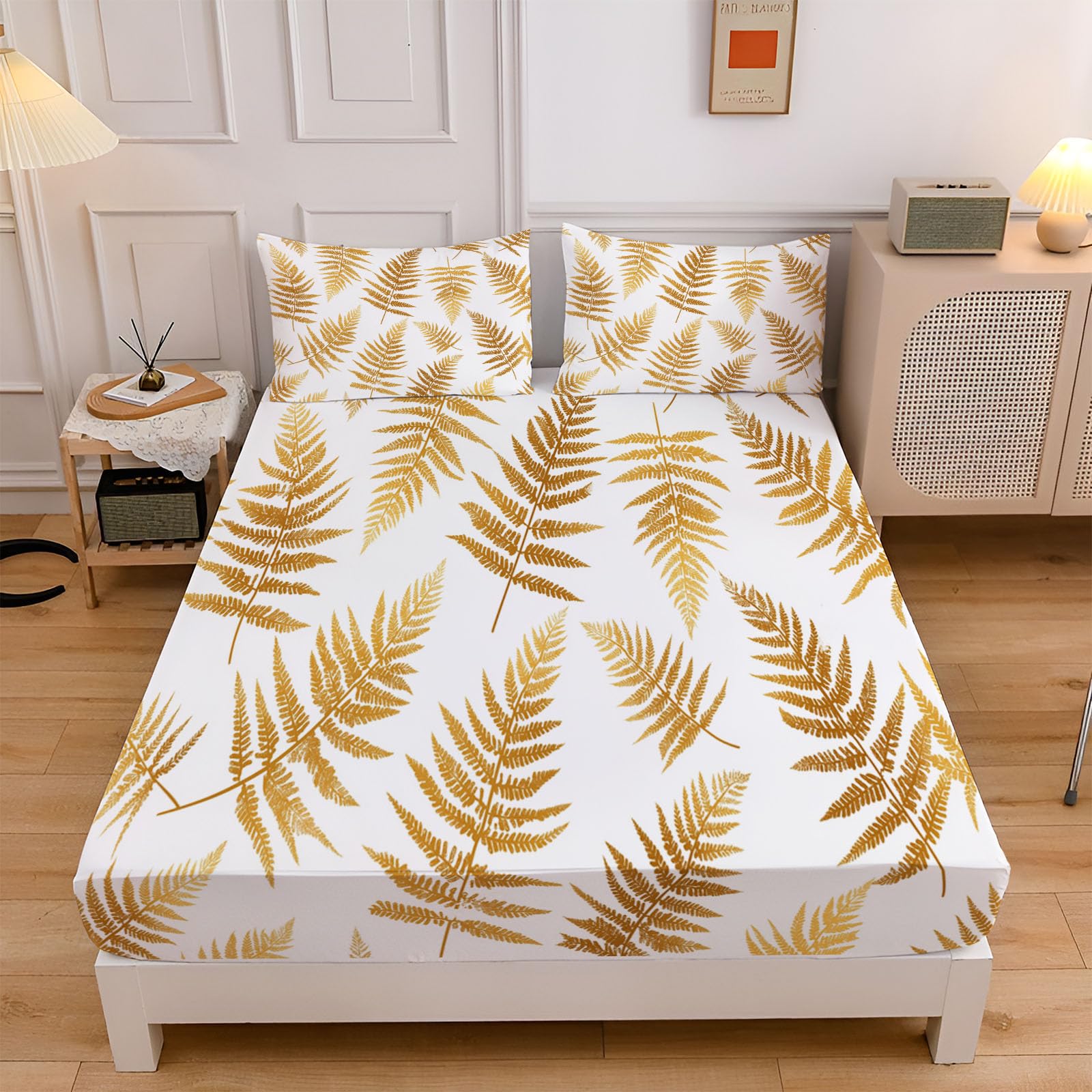 Sábanas 200X190/200Cm - Juego De Sábanas 3 Piezas Estampadas Helecho Metálico - Microfibra Suave Transpirable - Sábana Bajera Ajustable - Ropa De Cama Plantas Minimalistas (Beige)