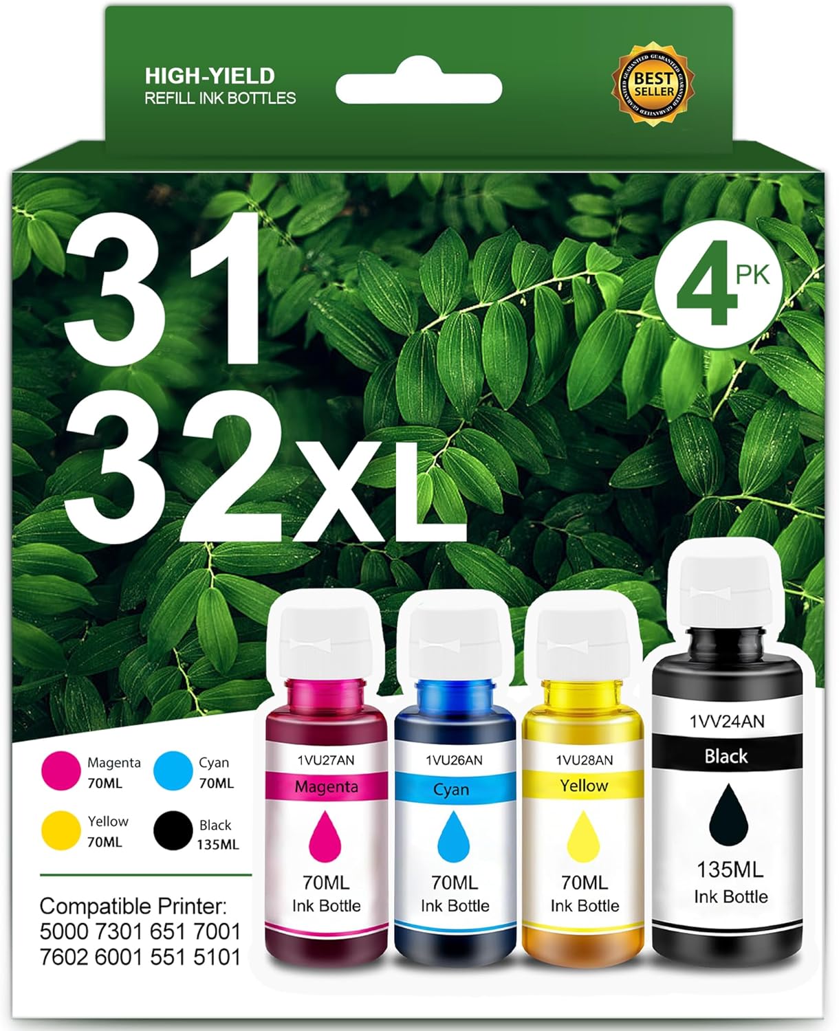 31 32XL Ink Bottle Set Refill Replacement for HP 32XL Black Ink Bottle Compatible with HP Smart Tank 5000 7301 651 7001 7602 6001 551 5101 7300 5102 7302 7601 6002 5103 755 757 Printer, Black CMY