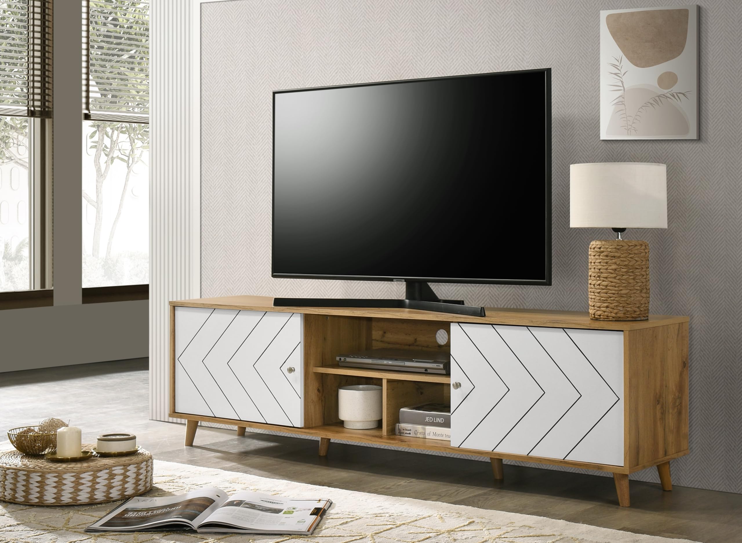 DeckUp Soneva Engineered Wood TV Unit (Wotan Oak & White, Matte Finish)