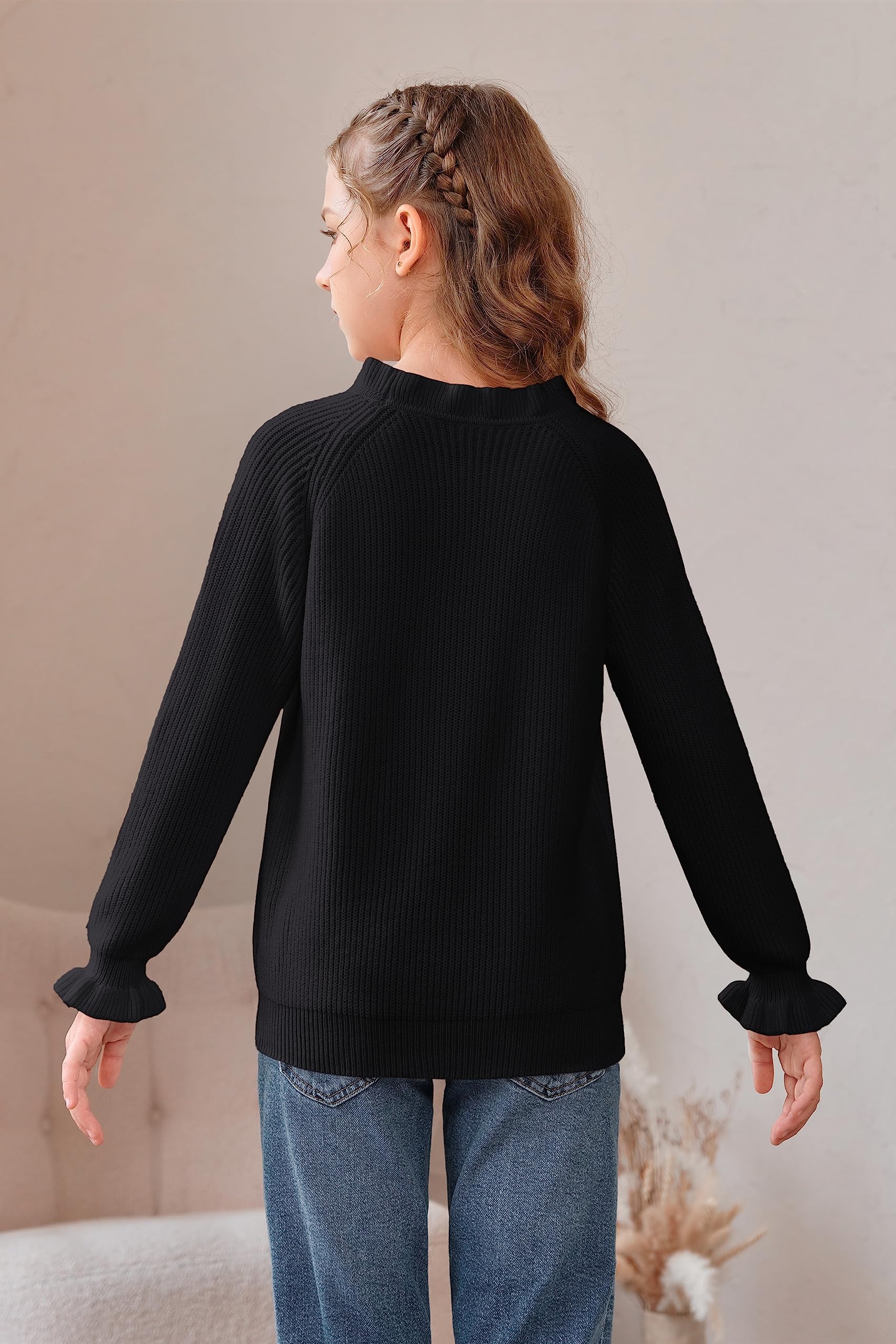 Haloumoning Maglione da ragazza, a maniche lunghe, con scollo rotondo, a volant, per bambini, invernale, lavorato a maglia