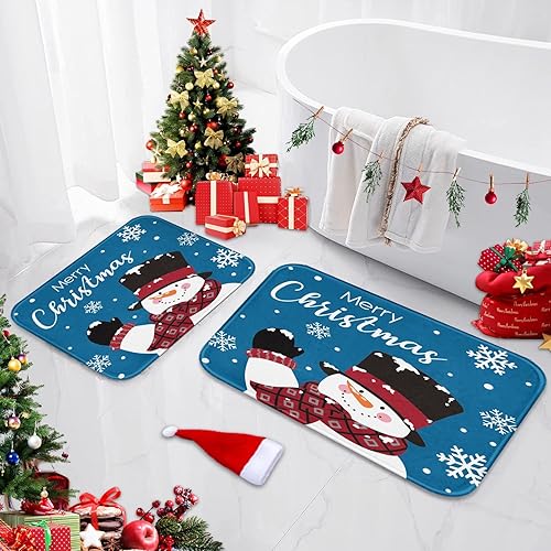 Arttown Juego de 2 tapetes de baño de Navidad, lindos copos de nieve y copos de nieve sobre fondo azul, cubierta lavable, alfombra de piso, alfombra