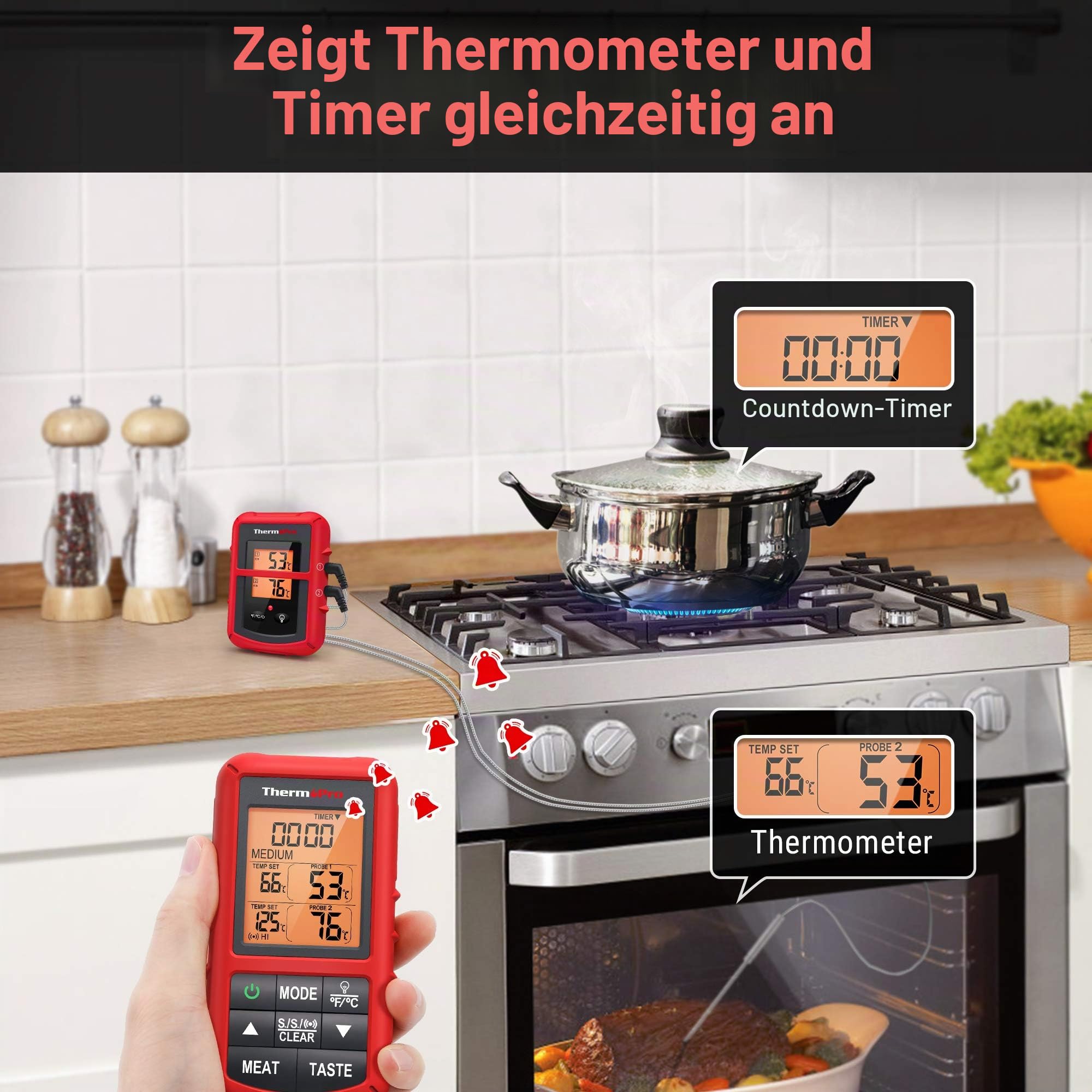 ThermoPro TP20C Funk Fleischthermometer digitales Grillthermometer Kochthermometer 150m Reichweite Bratenthermometer Küchenuhr mit 2 Einstichfühlern für Ofen Kochen BBQ Babynahrung