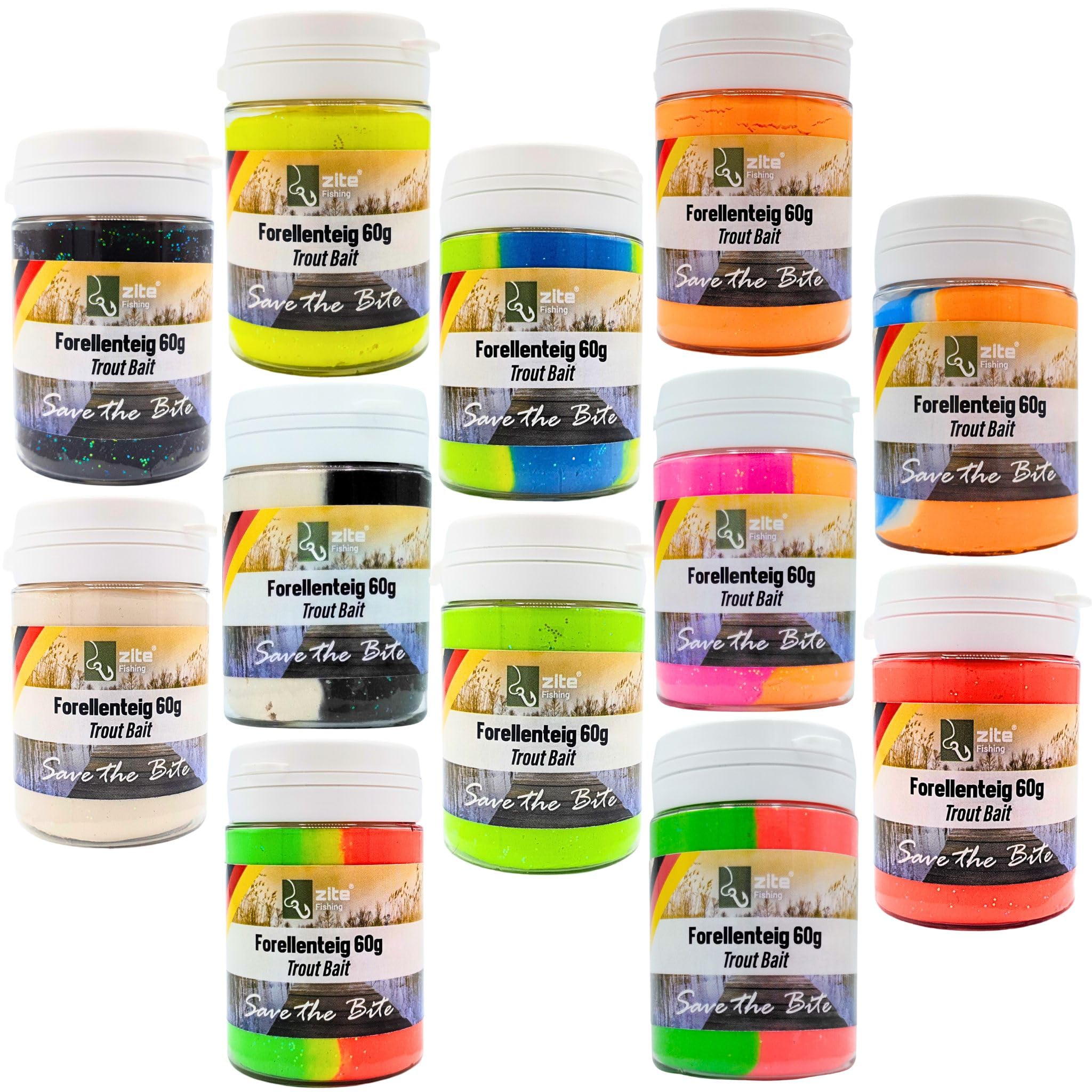 Zite Fishing Forellenteig XXL-Set – Alle 12 Aromen & Farben – 12x60g Trout Bait Forellenpaste - Angelteig mit Glitter als Forellen-Köder