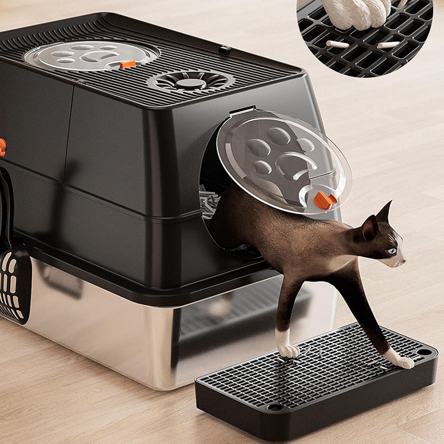 Extra Large Stainless Steel Enclosed Cat Litter Box, Anti Splashing Top Entry Metal Tray, Stainless Steel Cat Litter Box with High Sides, Flip Top Cover Design