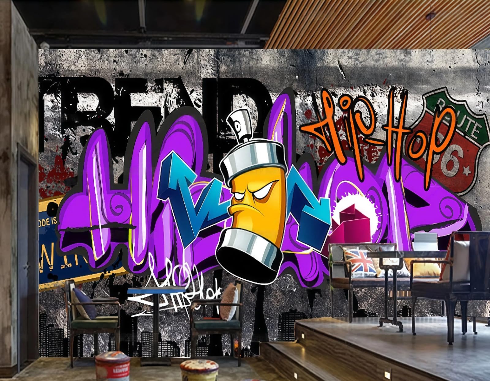 XDOUBAO Wallpaper Retro Cement Wall Trend Street Graffiti Music Bar Dessert Drink Afternoon Tea Western Restaurant Background Wall Wallpaper Coffee Shop Mural,3D,430x300cm