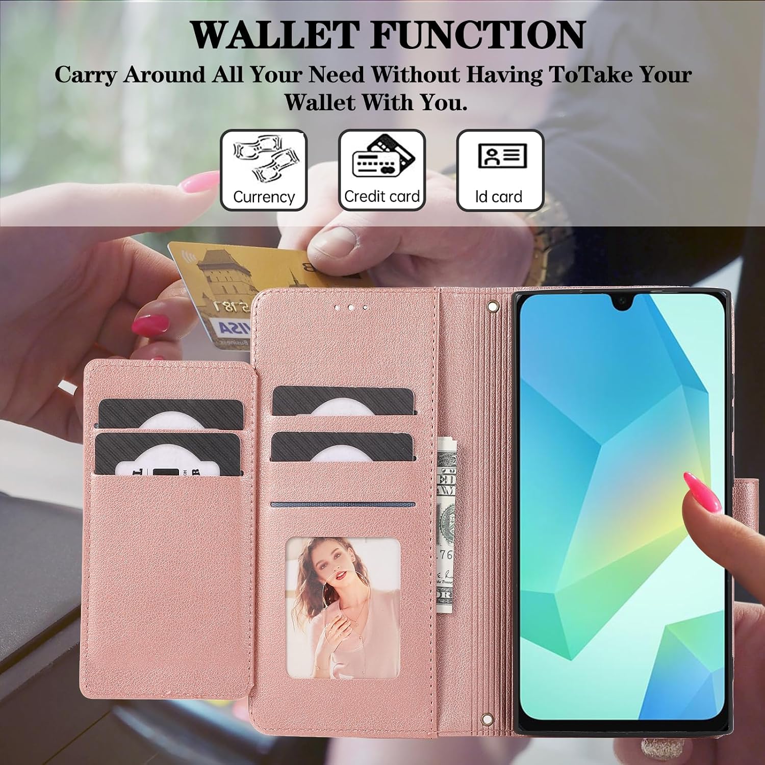 Compatible with Samsung Galaxy A16/A17/A26 5G Wallet Case Wrist Strap Crossbody Strap, Mirror PU Leather Flip Stand Cell Phone Cover for A 16 17 26 16A 17A 26A 4G SM-A166U Women Men Rose Gold