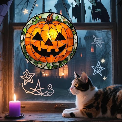 Miniatura 2 de Colgante de Vidrio Emplomado para Ventana, Decoraciones de Halloween Calabaza Malvada Atrapasol para Puertas Jardín Interior Espeluznante Divertido
