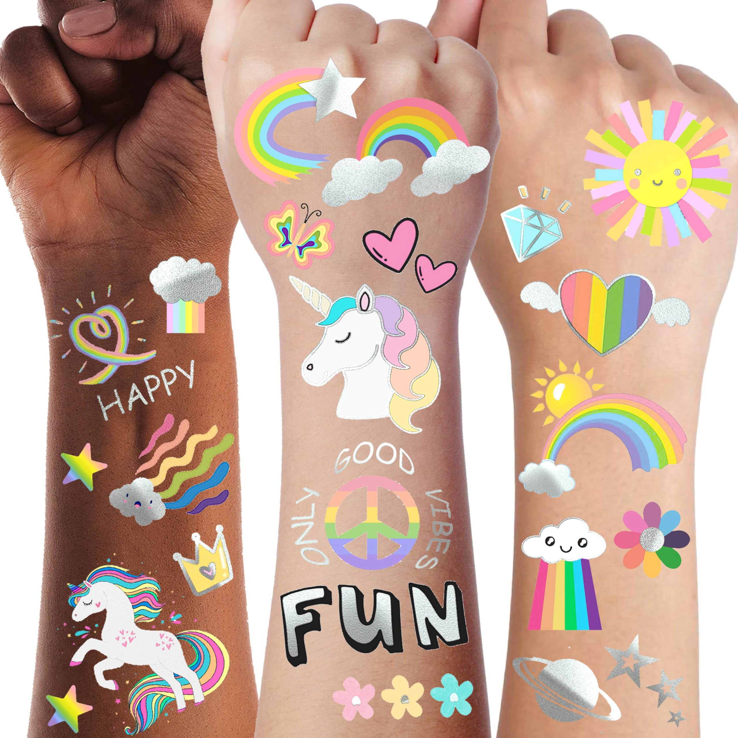 128+ PCS Groovy Unicorn Rainbow Temporary Tattoos, Glitter Flash Silver Pride Fake Tattoos For Kids Boys Girls Birthday Party Favors Supplies, Cartoon