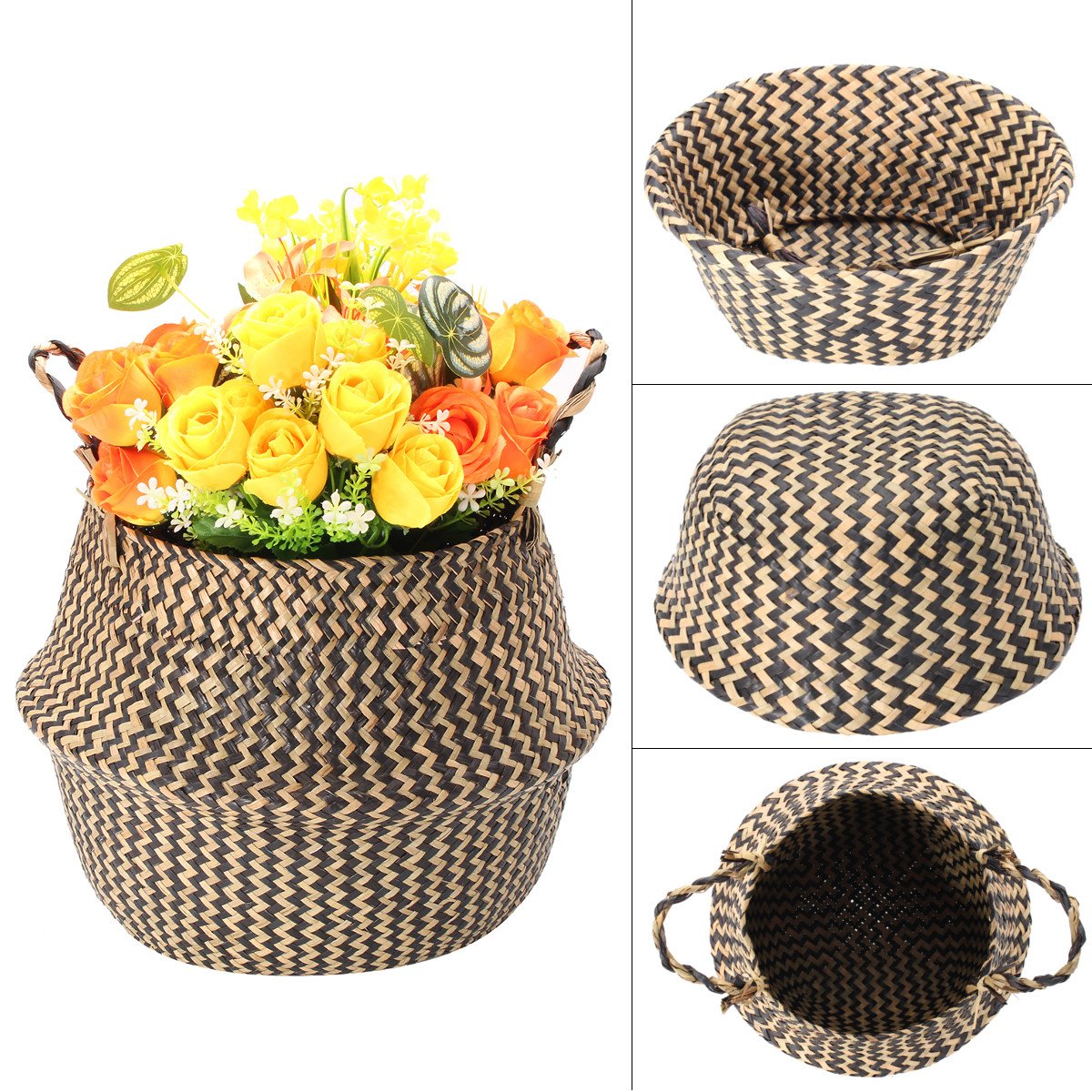 Baogu Natural Seagrass Woven Hand Woven Seagrass Belly Basket with Handles for Storage Plant Pot Wave 22X20CM