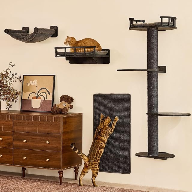 FUKUMARU Set de Pared de Escalada para Gatos, 4 en 1 Mueble de Pared Estable de Madera Multicapa con Hamaca…