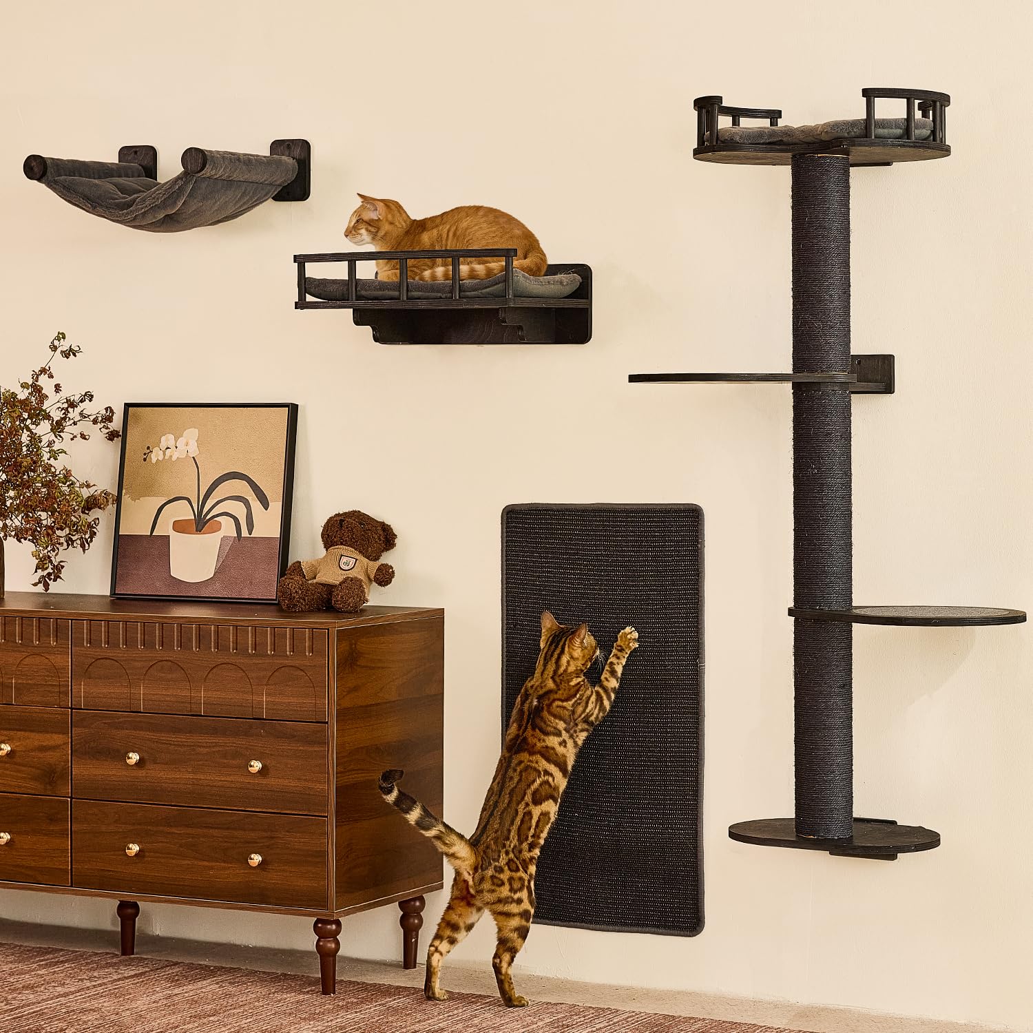 FUKUMARU Cat Wall Shelves, 4 in 1 Stable Wooden Wall-Mounted Furniture Set, Climbing Tree with Hammock, Bed, Perch and Scratching Mat (Black)
