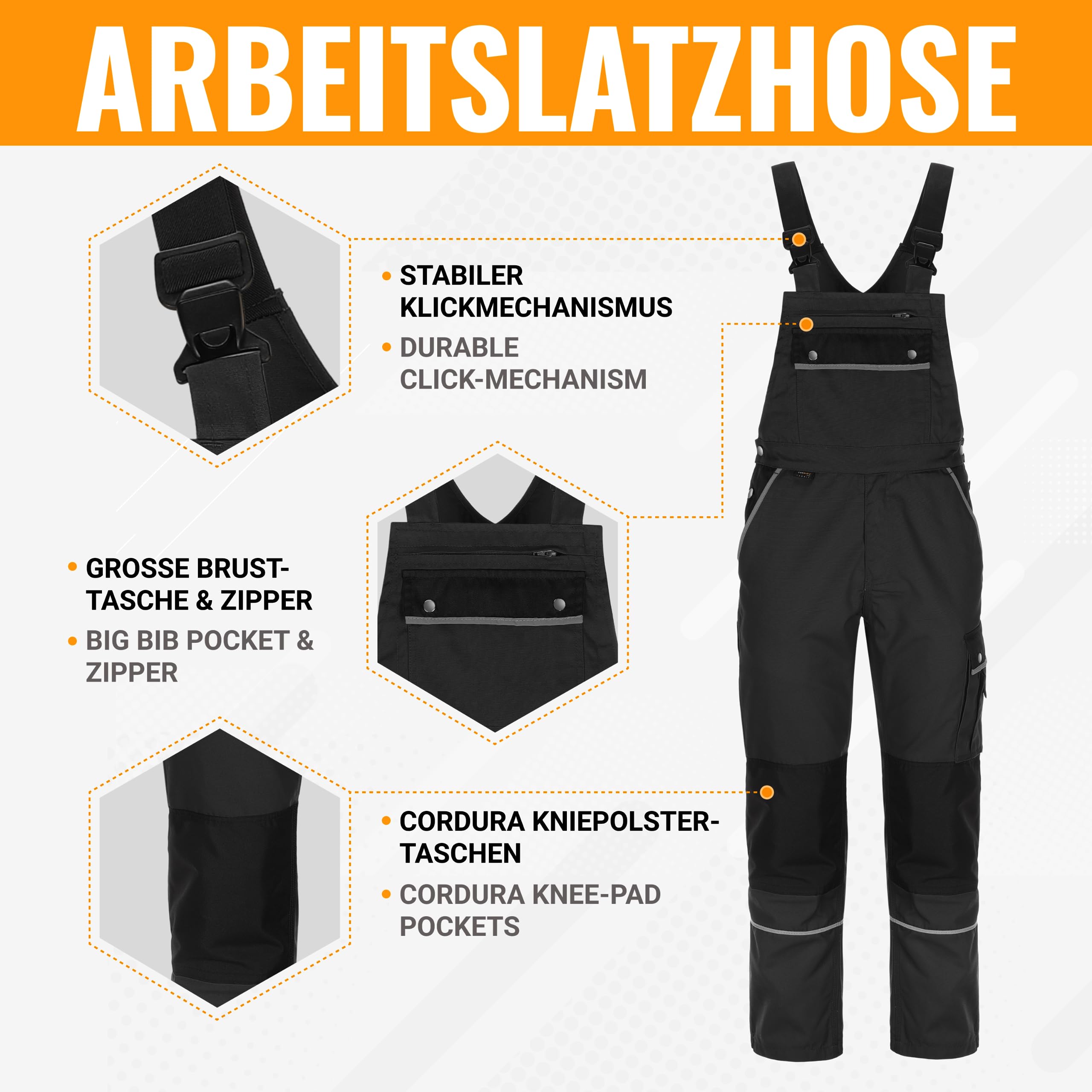 TMG® | Lange Arbeitslatzhose Herren, Schwarze Latzhose mit Kniepolstertaschen aus Cordura, viel Stauraum, robust | 68
