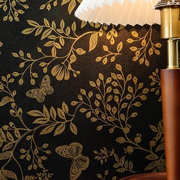 Wudnaye Black and Gold Floral Wallpaper Peel and Stick Dark Floral Contract Paper 17.7" X 196.8" Dark Boho Peel and Stick Wallpaper Vintage Flower Leaf Self Adhesive Removable Wall Paper for Bathroom