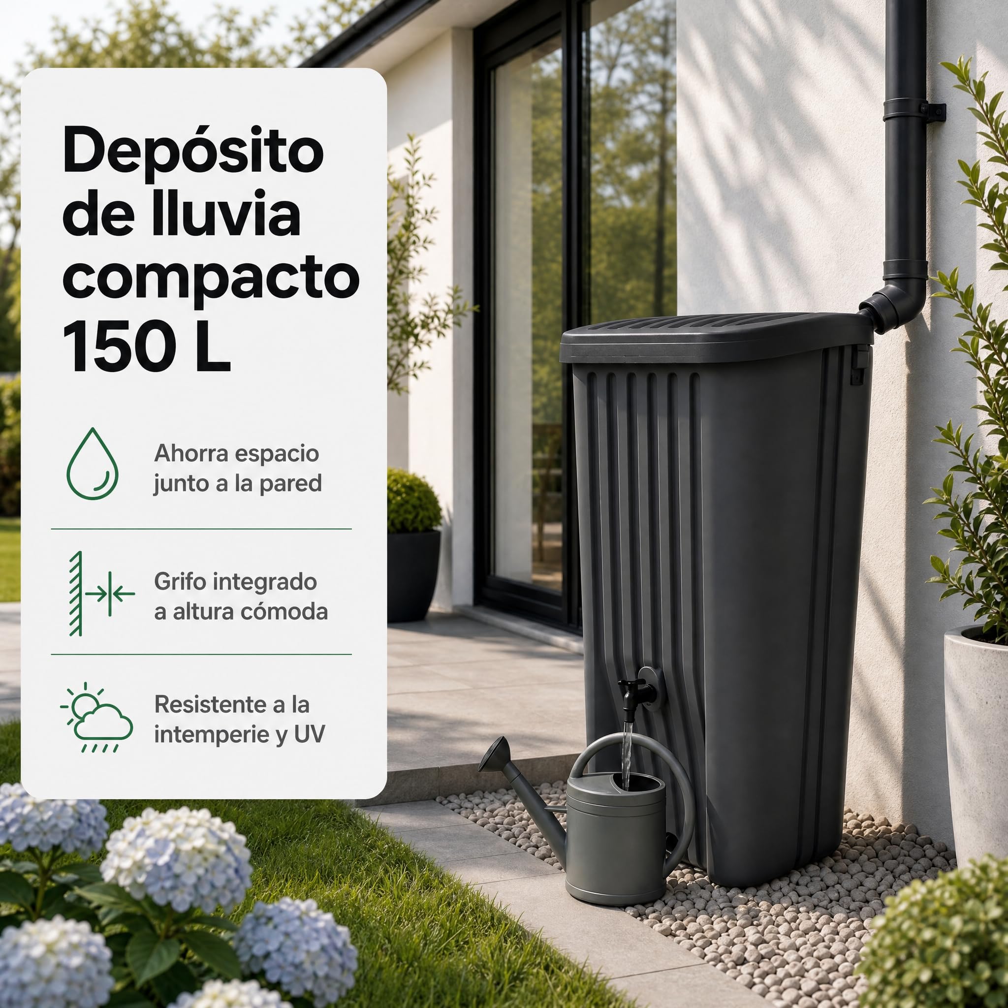 YourCasa Depósito Agua Lluvia 150 L, Estrecho con Grifo, Antracita | Recolector de agua de lluvia compacto para jardín, terraza y balcón; plástico resistente UV, fabricado en Francia