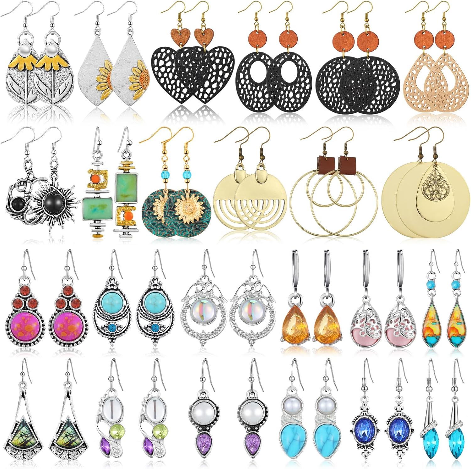 Landical 24 Pairs Boho Earrings for Women Wood Trendy Dangle Earrings Bulk Vintage Jewelry Bulk Geometric Circle Ethnic Style Bohemian Fashion Earring for Women