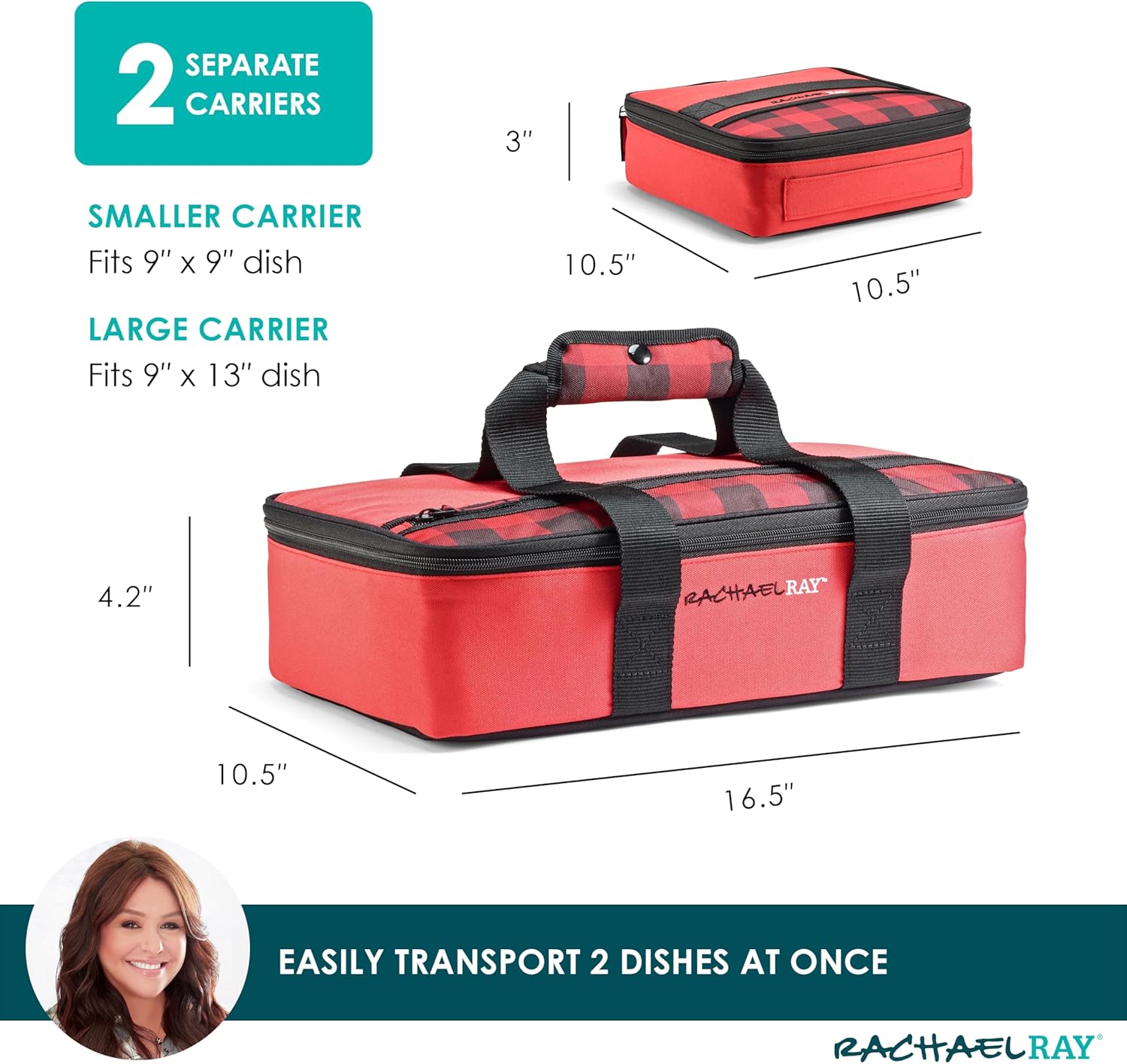 Rachael Ray Lugger Duo, Insulated Casserole Carrier for Hot or Cold Food, Thermal Lasanga Lugger Tote for Potluck, Parties, Picnic, and Cookouts, Fits 9" x 13" Baking Dish, Red Buffalo - Image 2