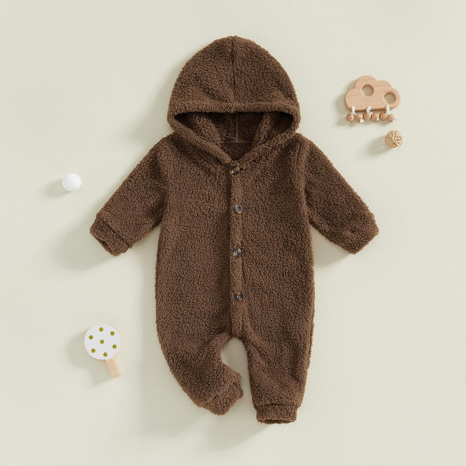 Newborn Baby Girl Boy Fleece Hooded Snowsuit Jumpsuit Button Long Sleeve One Piece Romper Outwear Baby Winter Outfits (Brown, 6-9 Months)