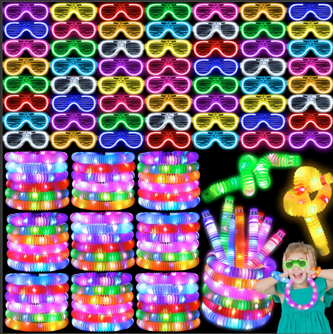 60 piezas de suministros de fiesta que brillan en la oscuridad, 30 gafas de luz LED, 30 varillas luminosas, tubos de flash, gafas LED de neón, pulsera, collar, accesorios, bolsas de regalo para
