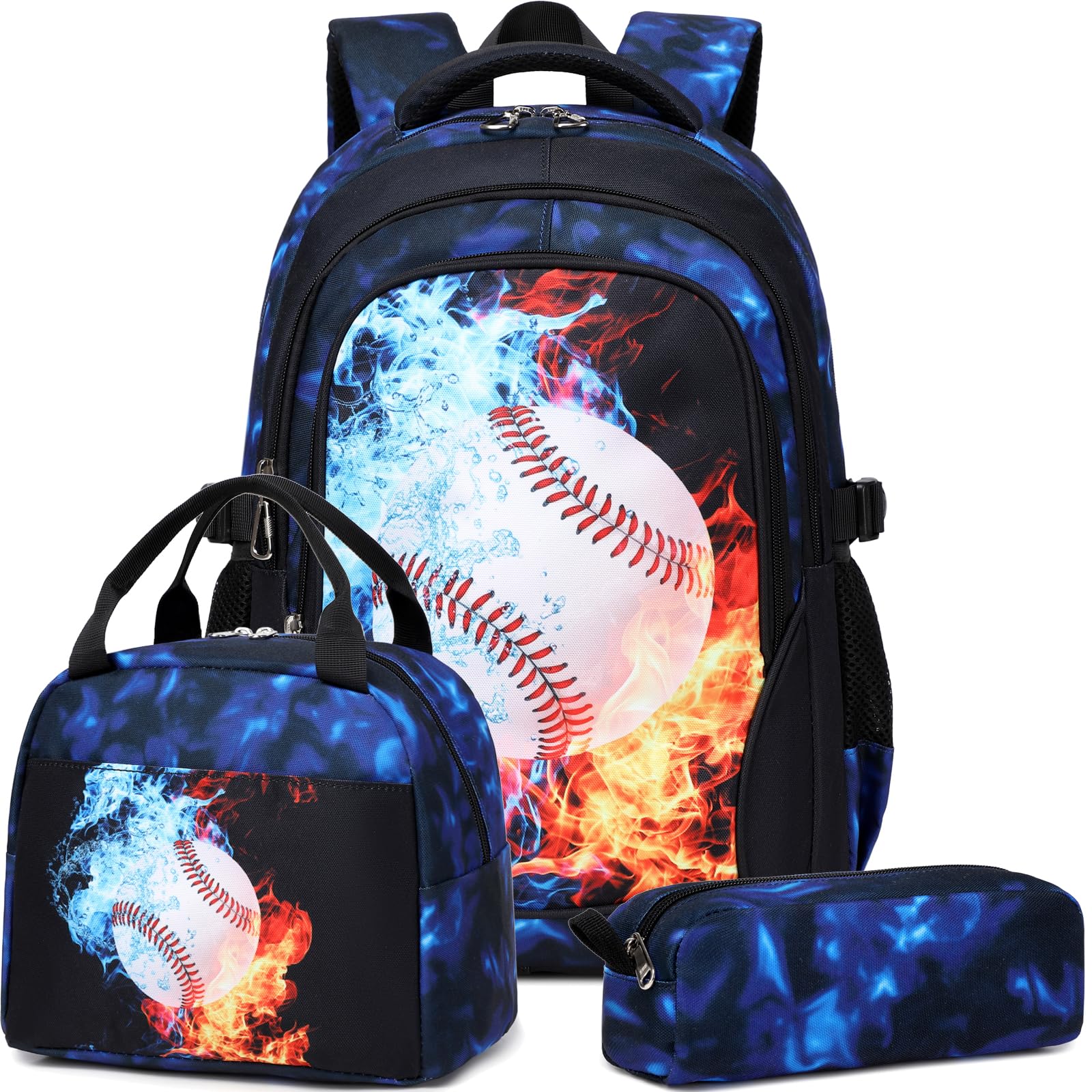 Boys Backpack with Lunch Box Pencil Case 3pcs School Backpacks Set for Boy Kids Bookbags for Elementary Middle School Bags Water Resistant Blue Baseball
