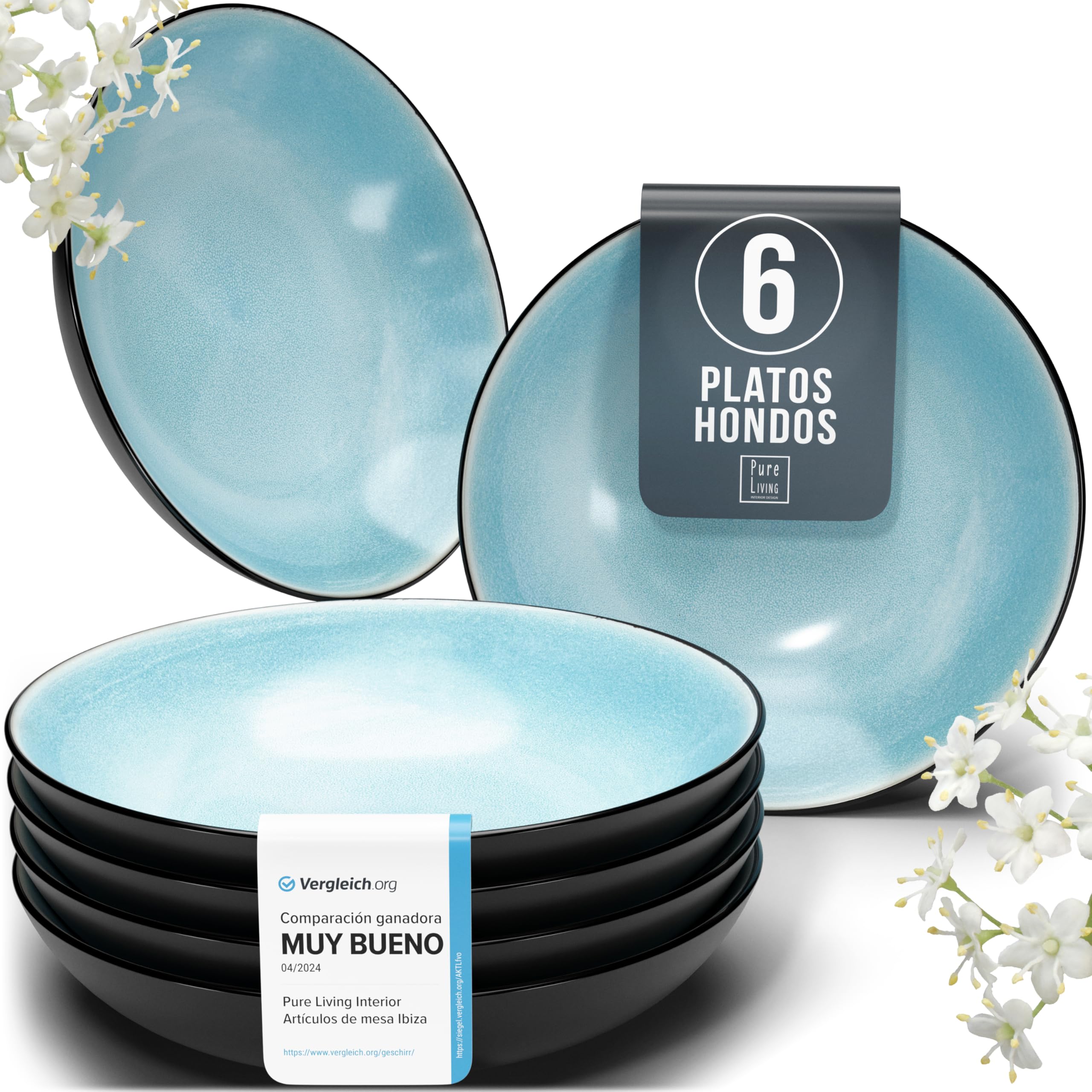 Juego de 6 platos hondos Ibiza – gres premium, resistente a los arañazos, apto para lavavajillas, microondas – Elegante juego de platos hondos – Platos de pasta hondos grandes – Pure Living vajilla