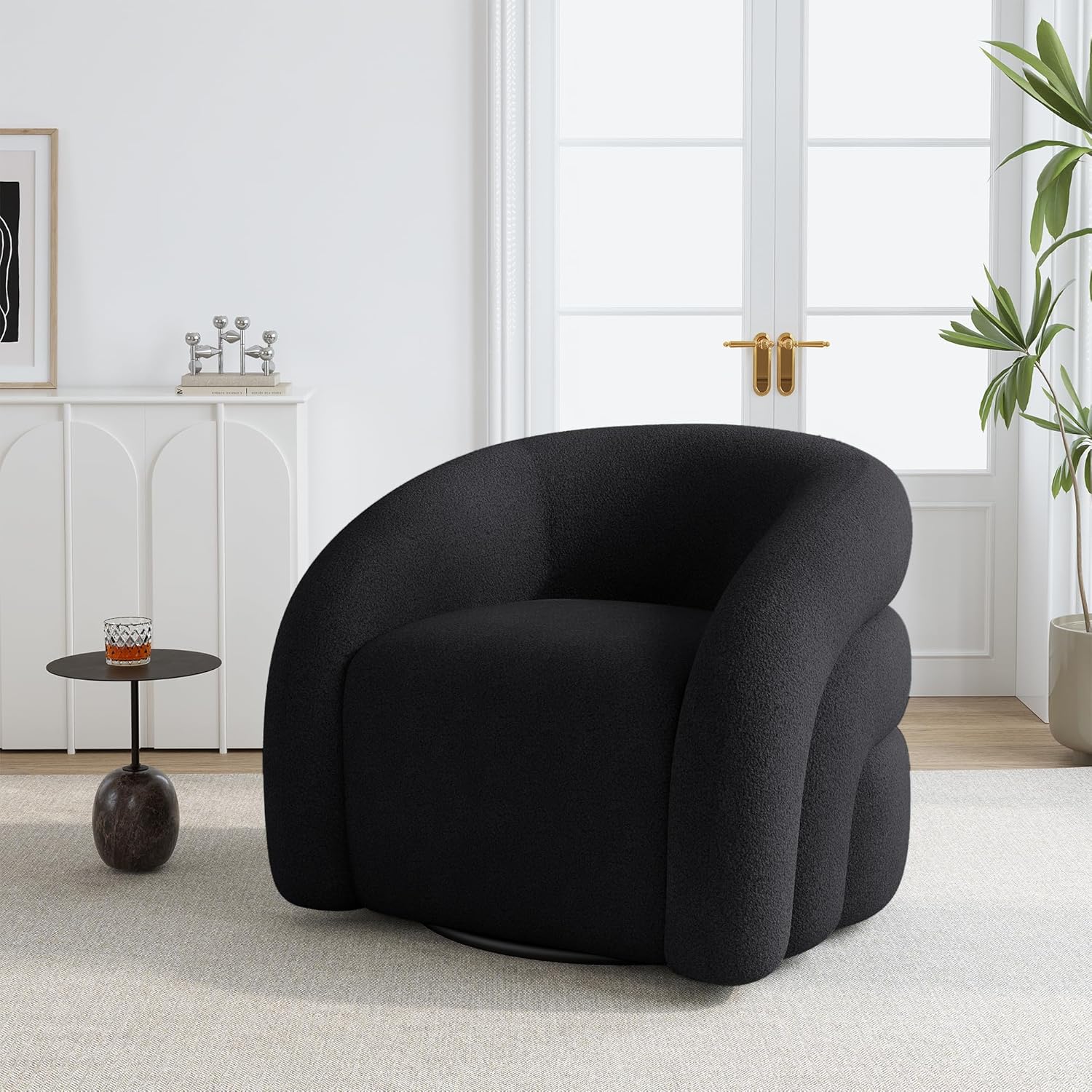 Boucle Swivel Accent Chair, No Assembly Small Comfy Round Barrel Armchair for Living Room, Bedroom Reading Waiting Room (Black, Set of 1)