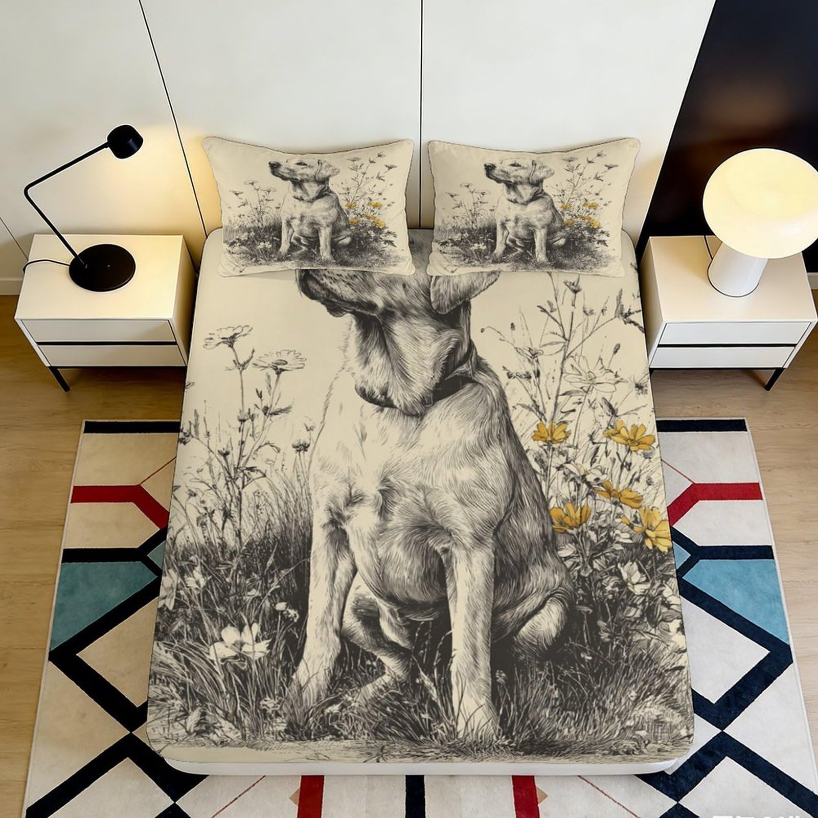 3D Printed Labrador Flower Meadow Fitted Sheet Microfiber Non-Slip Bed Sheet for Bedroom Dorm Easy Care 180x200x25cm