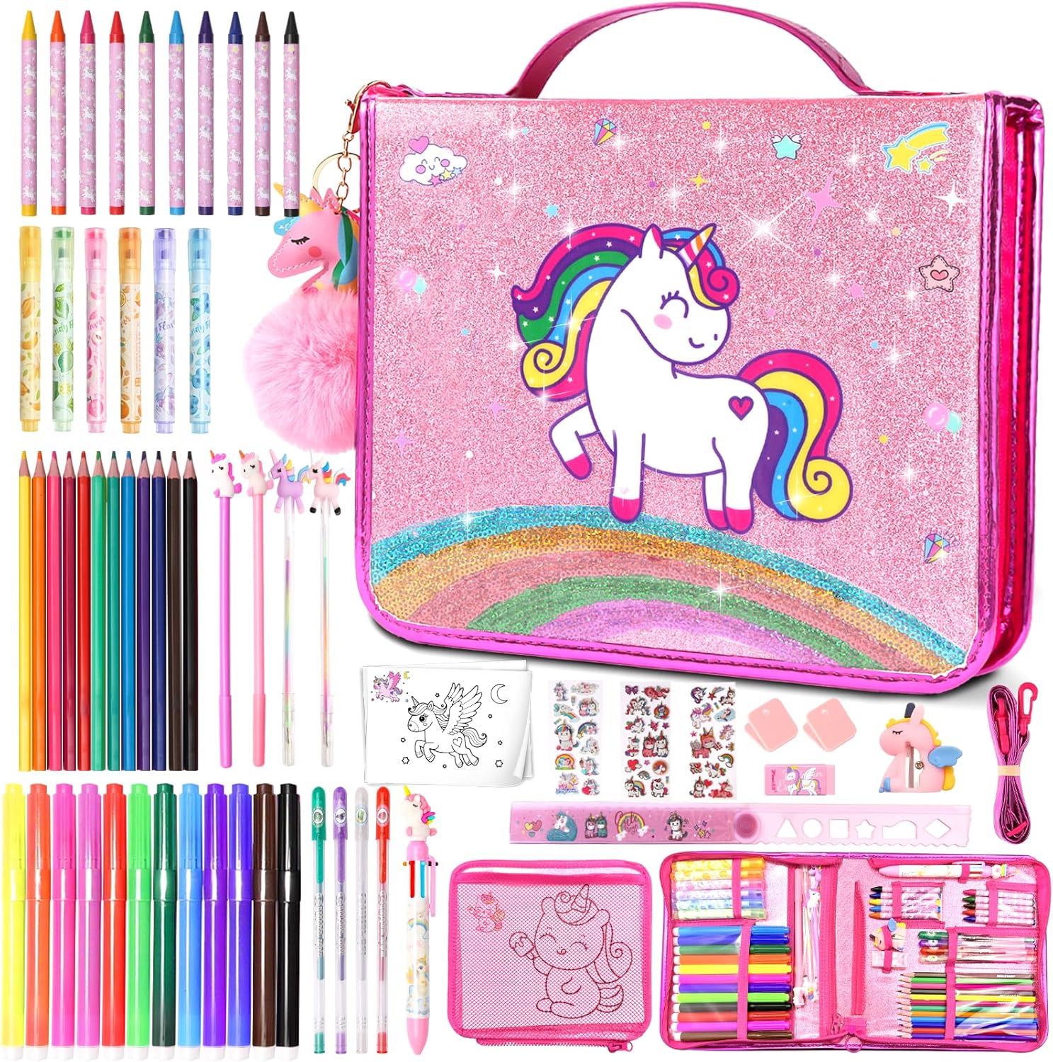 70Pcs Fruit Scented Markers Set - Kawaii Art Supplies with Unicorn Pencil Case, Coloring Set for Kids Include Marker, Pencil, Crayon, Pen, Eraser, Sticker, Unicorn Drawing Kit Birthday Gift for Girls