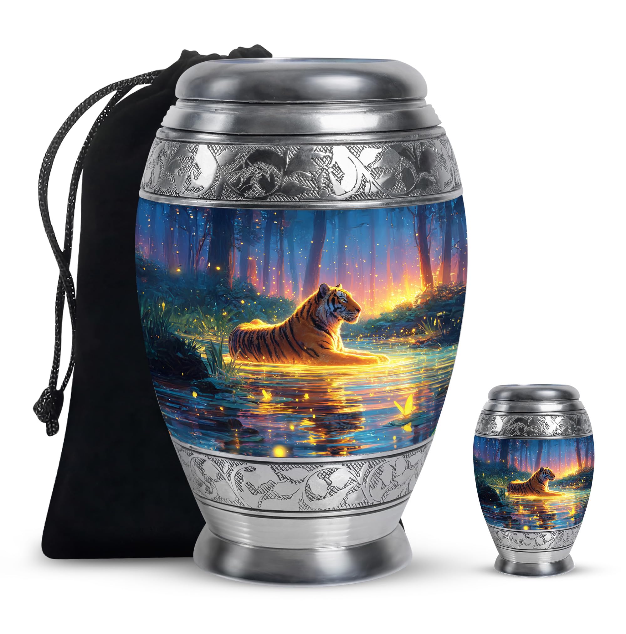 Tiger and Water Cremation Urn for Funeral, Large Urns, Ash Container for Mom and Dad, Urn for Human Ashes, Burial Urns for Father and Mother, 10 Inch Tall, 3 Inch Mini, Blue and Yellow