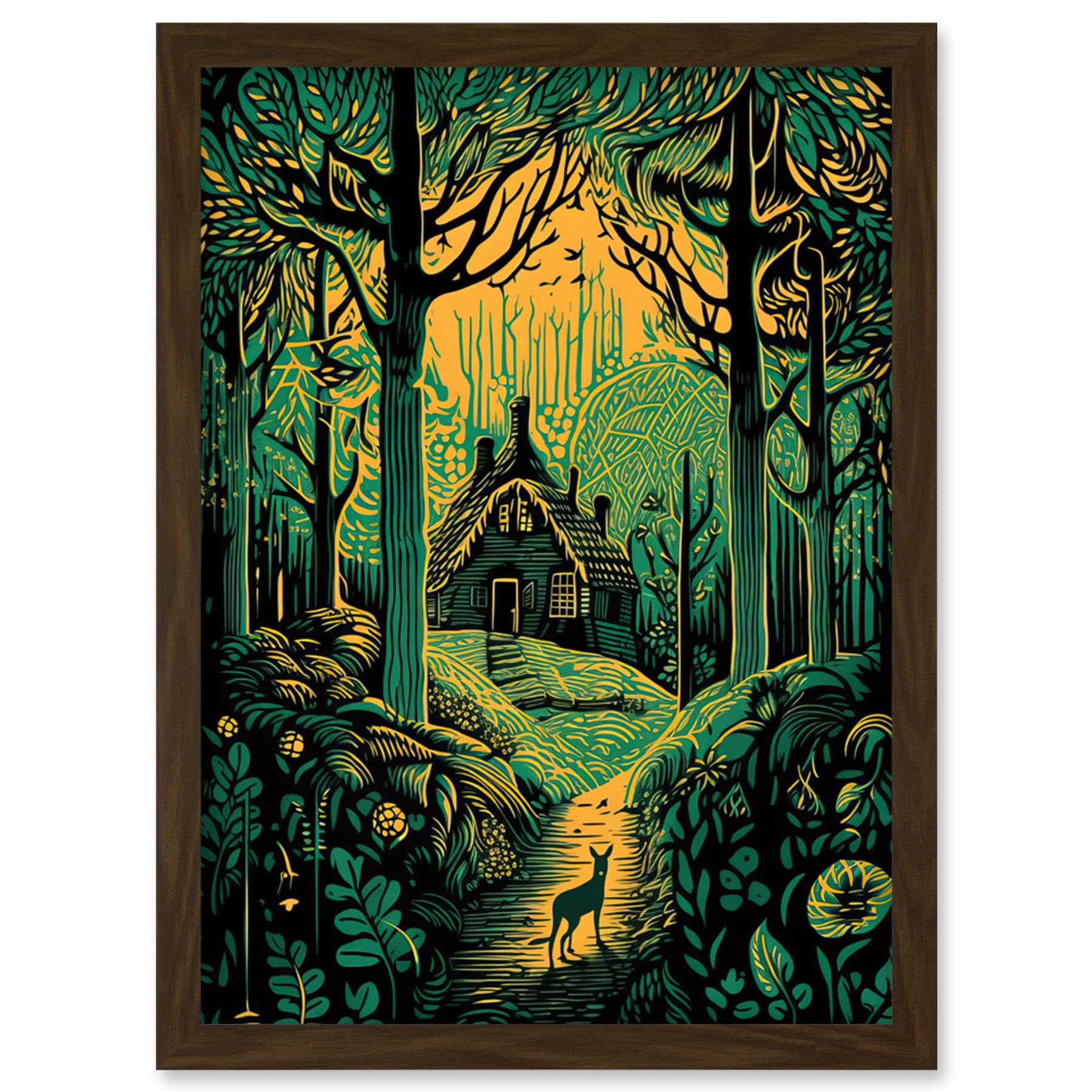 Artery8 Cabin Hut in the Forest Green and Orange Linocut Artwork Framed Wall Art Print A4